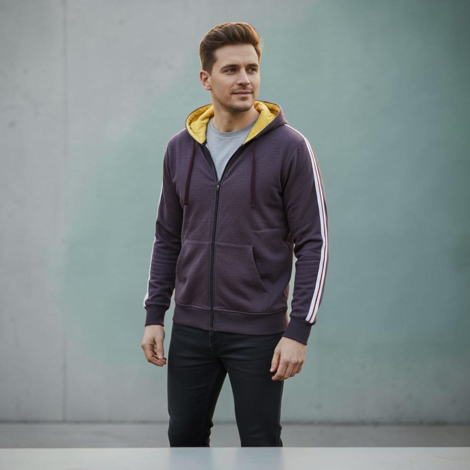 City Center men's full-zip hoodie in dark purple with a yellow hood lining and white side stripes on the sleeves