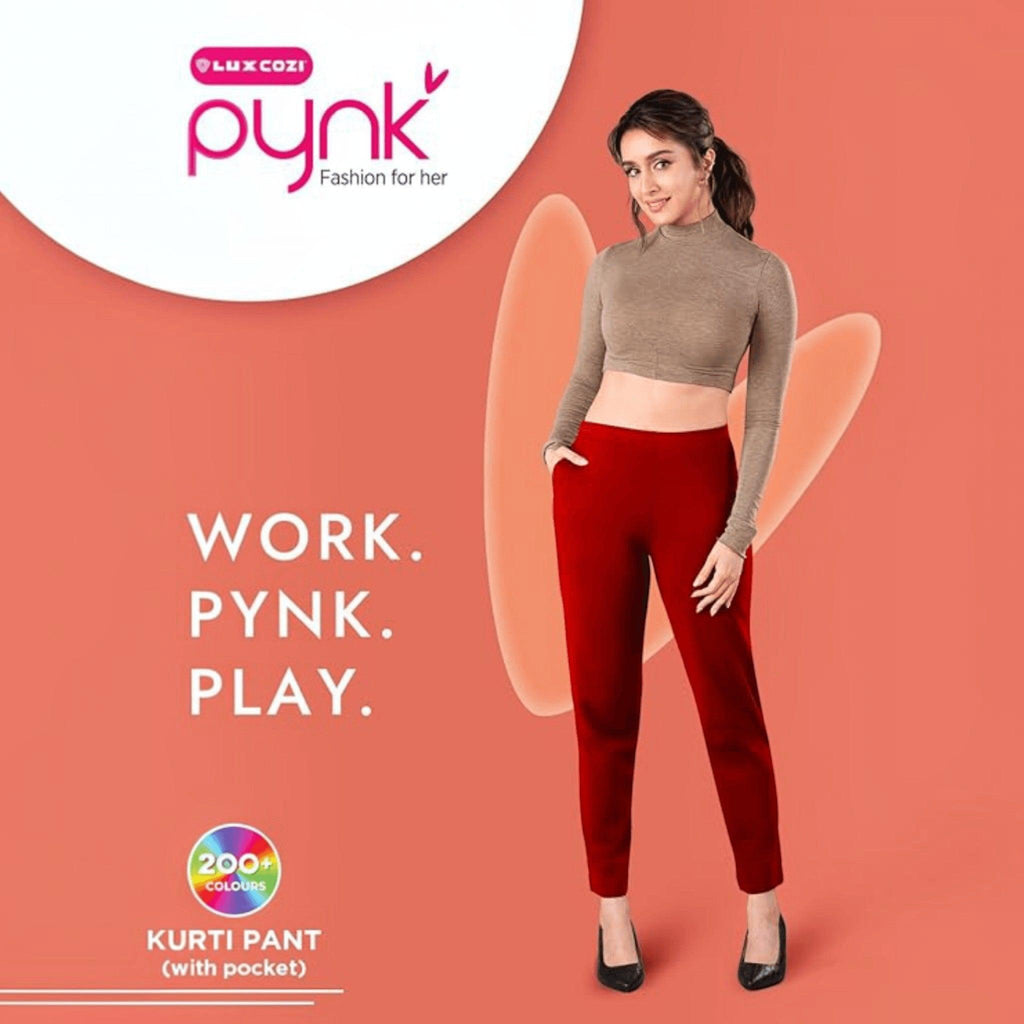 City Center PYNK by Lux Cozi red cotton lycra kurtipant with side pocket worn by a model in a studio setting