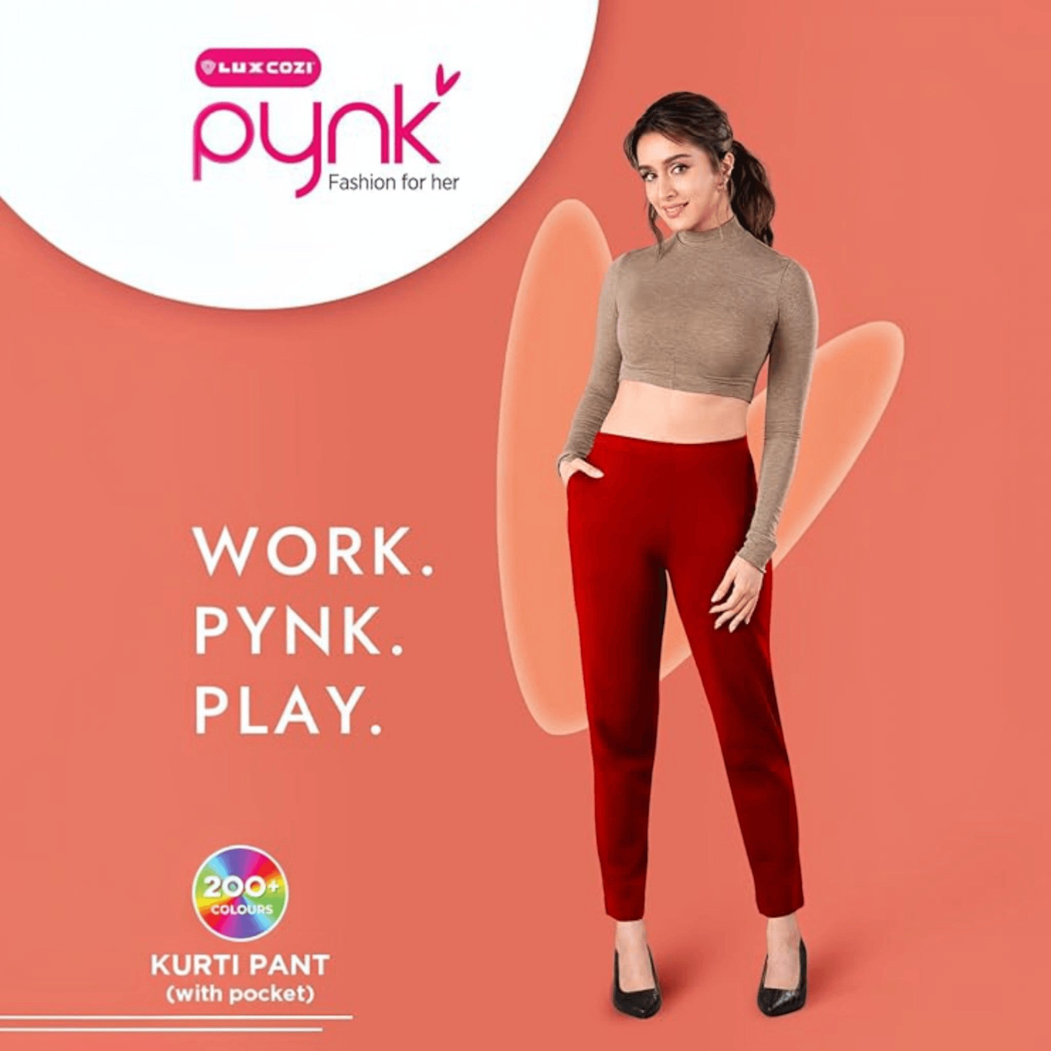 City Center PYNK by Lux Cozi red cotton lycra kurtipant with side pocket worn by a model in a studio setting