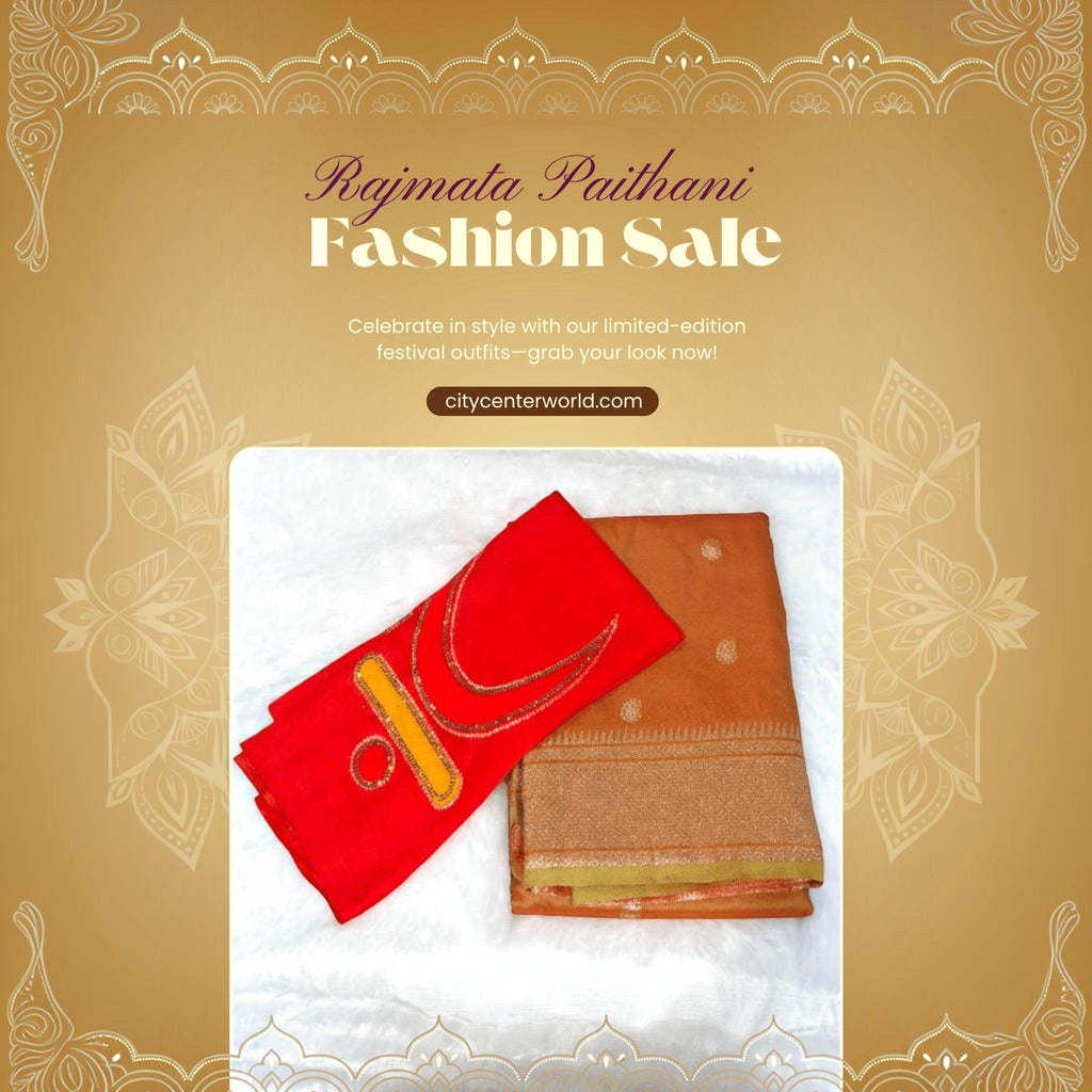 City Center Rajmata Paithani silk-blend saree in mango with gold zari border and red blouse with crescent moon motif