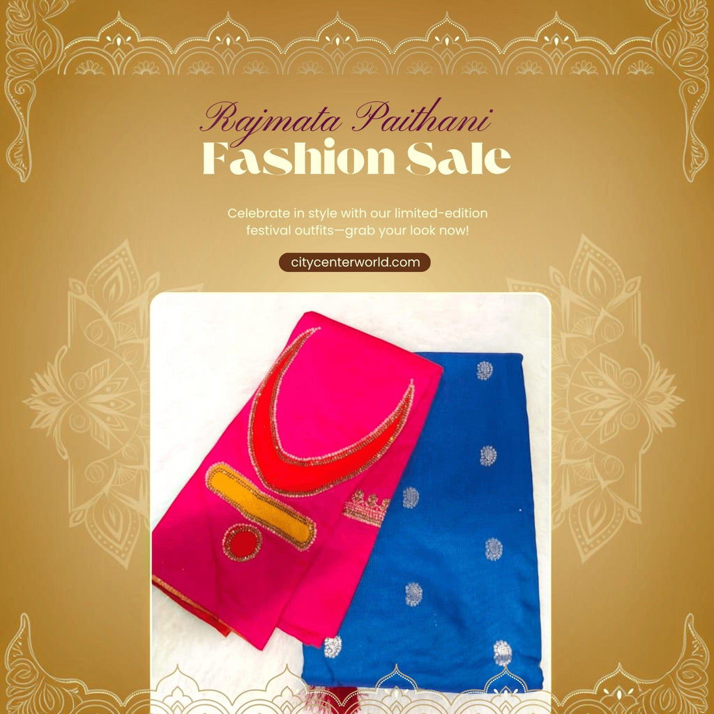 City Center Rajmata Paithani silk saree set in vibrant pink and blue with intricate gold jari and crescent moon work