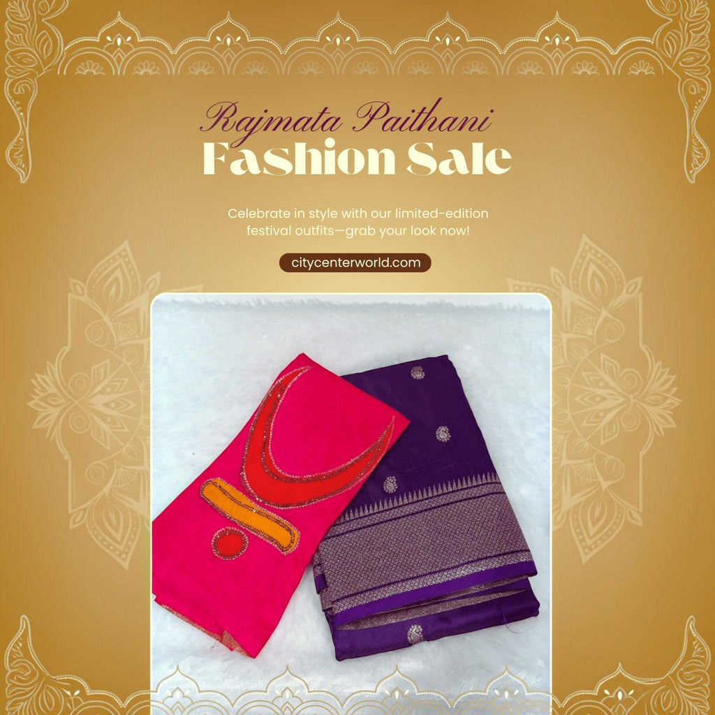 City Center Rajmata Paithani silk-blend saree in purple with gold zari border and pink blouse with crescent moon motif
