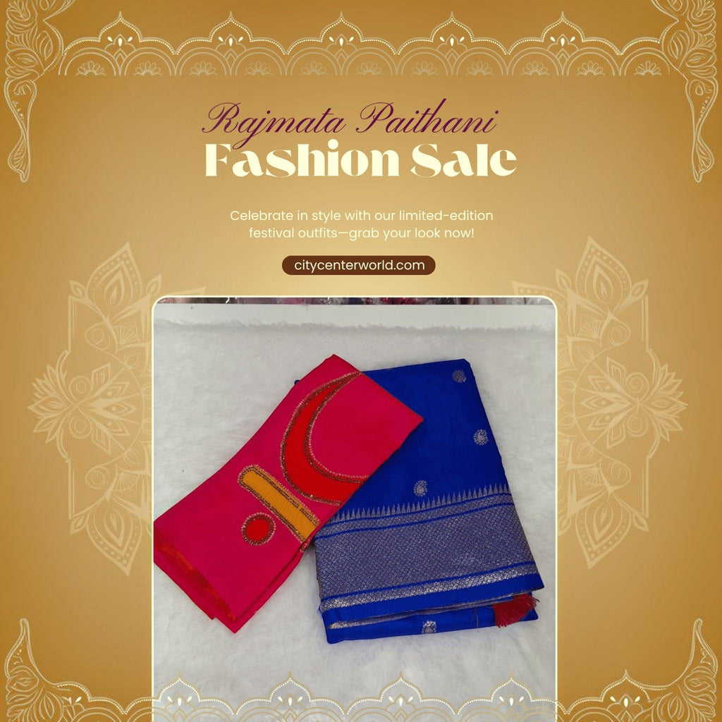 City Center Rajmata Paithani silk saree in blue with gold zari border and pink blouse featuring crescent moon motif