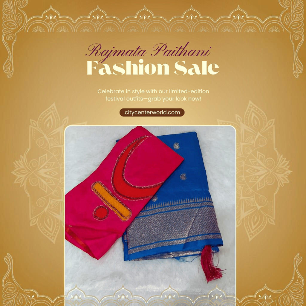 City Center Rajmata Paithani silk saree in blue with gold zari border and pink blouse featuring crescent moon motif