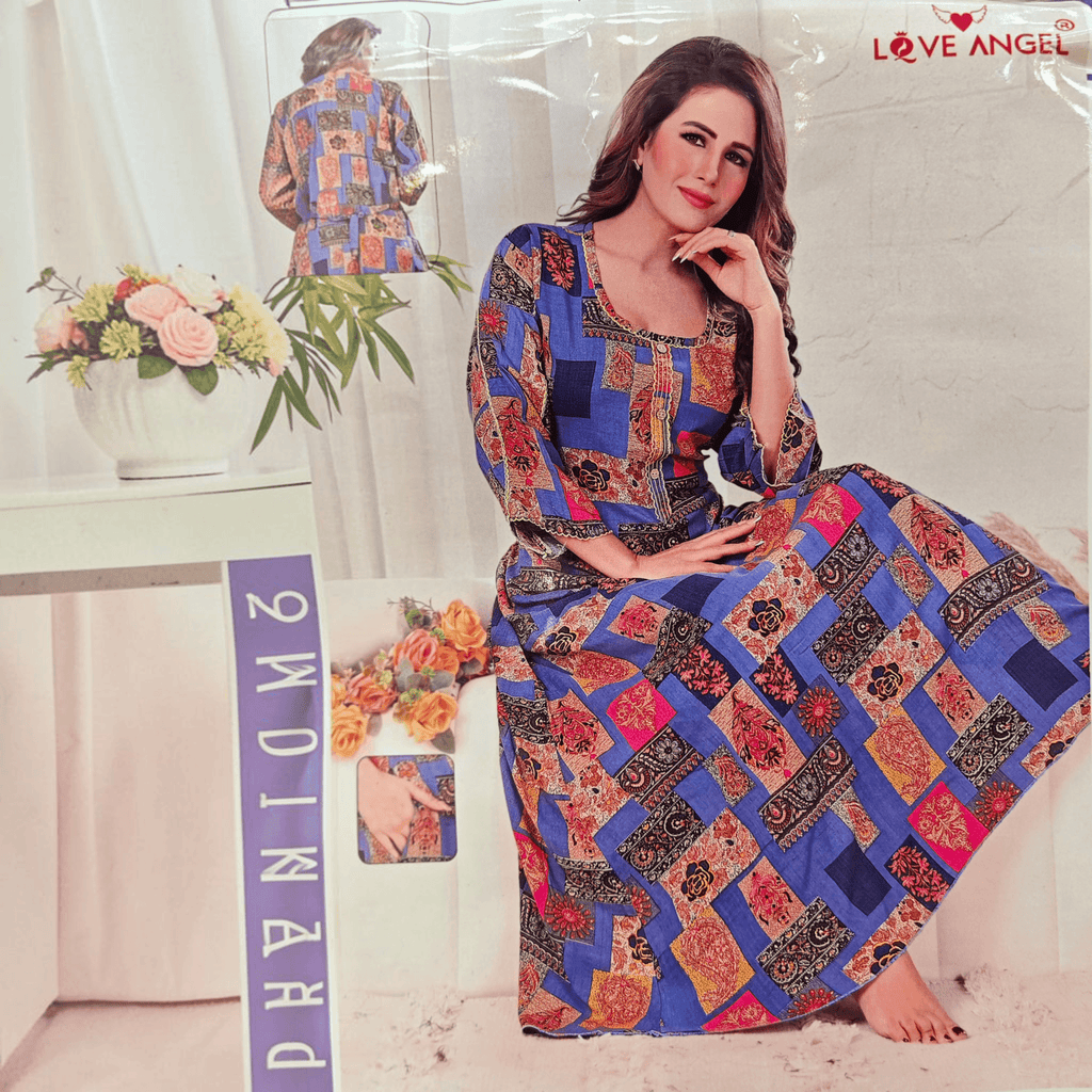 City Center heavy rayon A-line gown featuring a vibrant blue patchwork print with floral and geometric patterns.