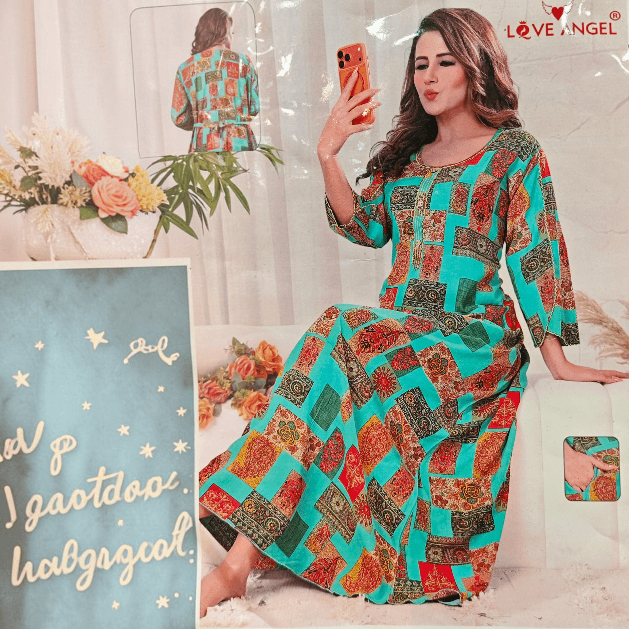 City Center heavy rayon A-line gown with a vibrant teal and multi-colored geometric block print pattern.