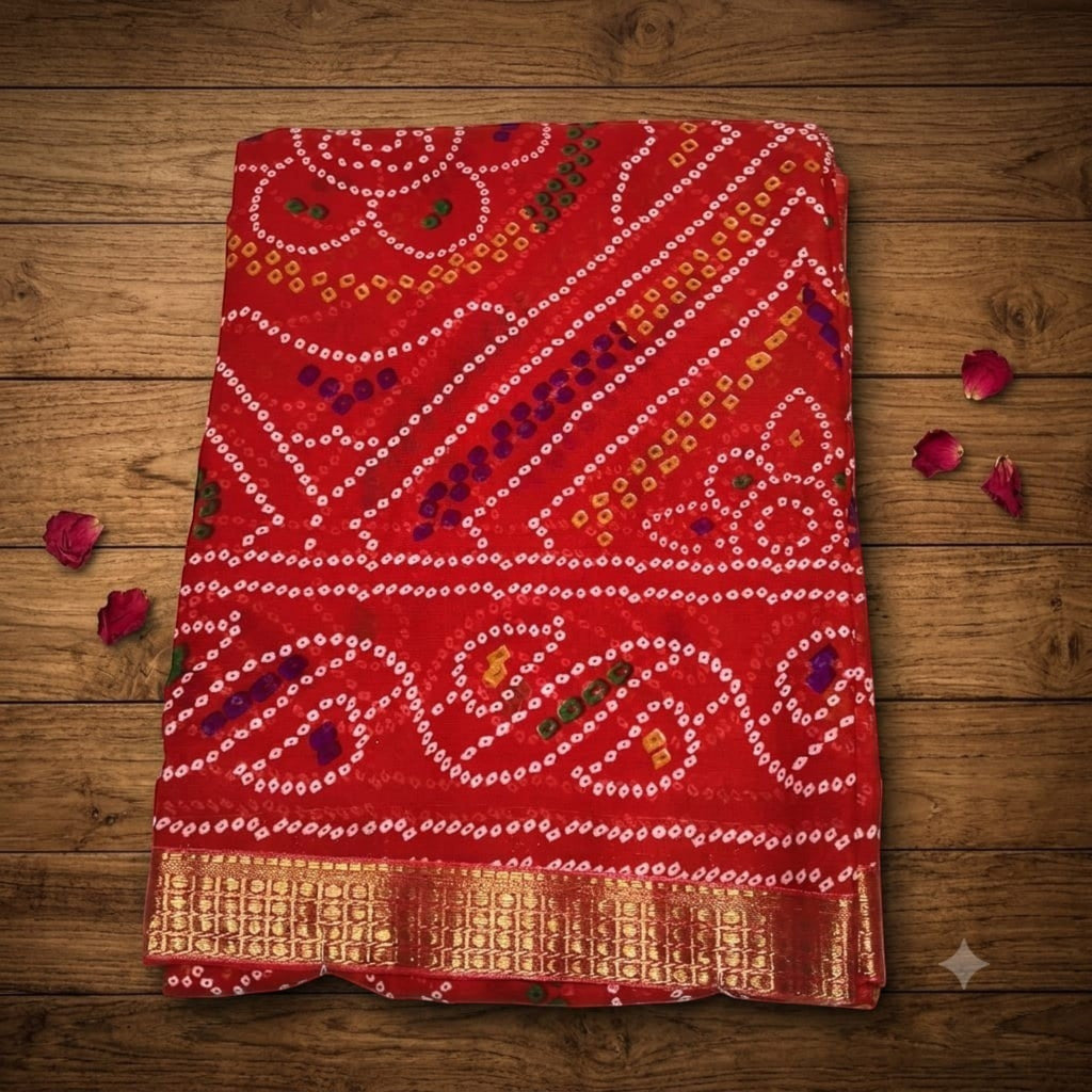 City Center Bandhan silk saree in vibrant red with traditional white bandhani tie-dye patterns and a gold zari border.