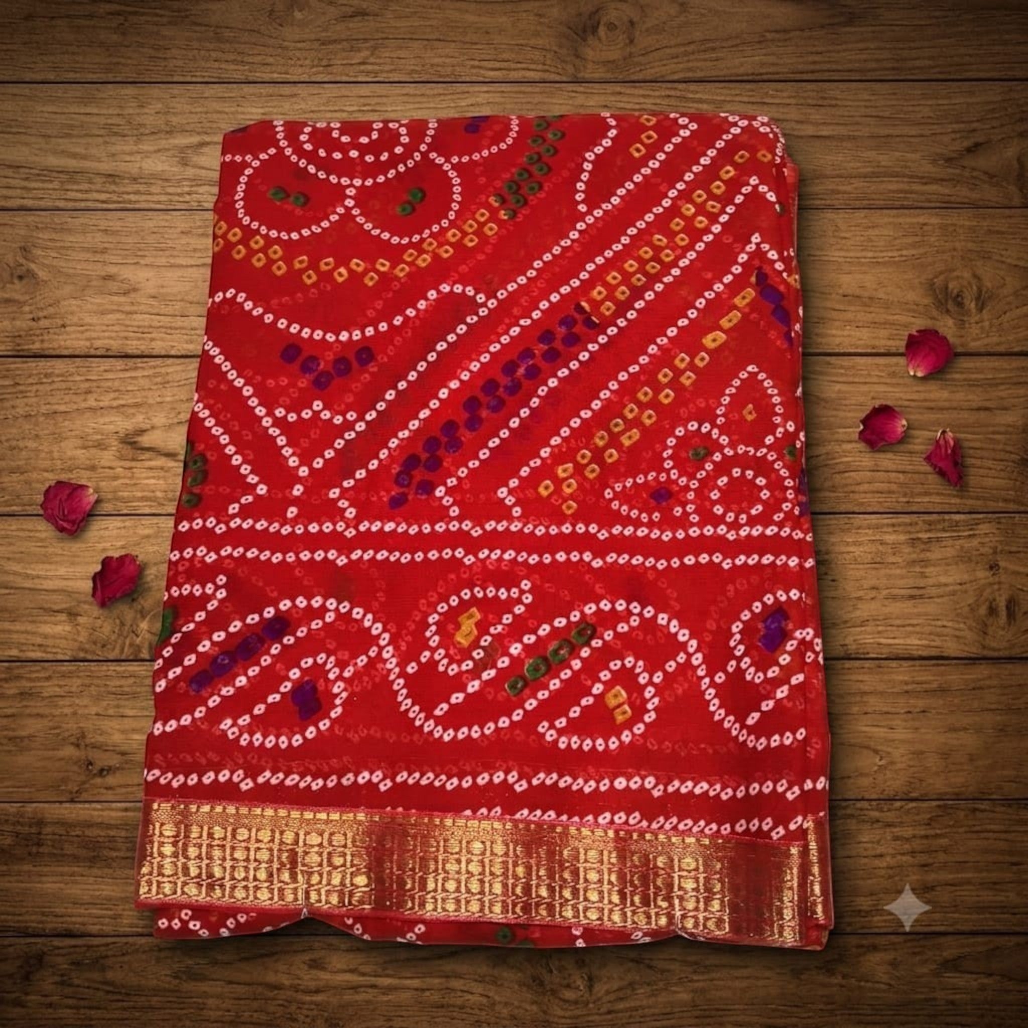 City Center Bandhan silk saree in vibrant red with traditional white bandhani tie-dye patterns and a gold zari border.