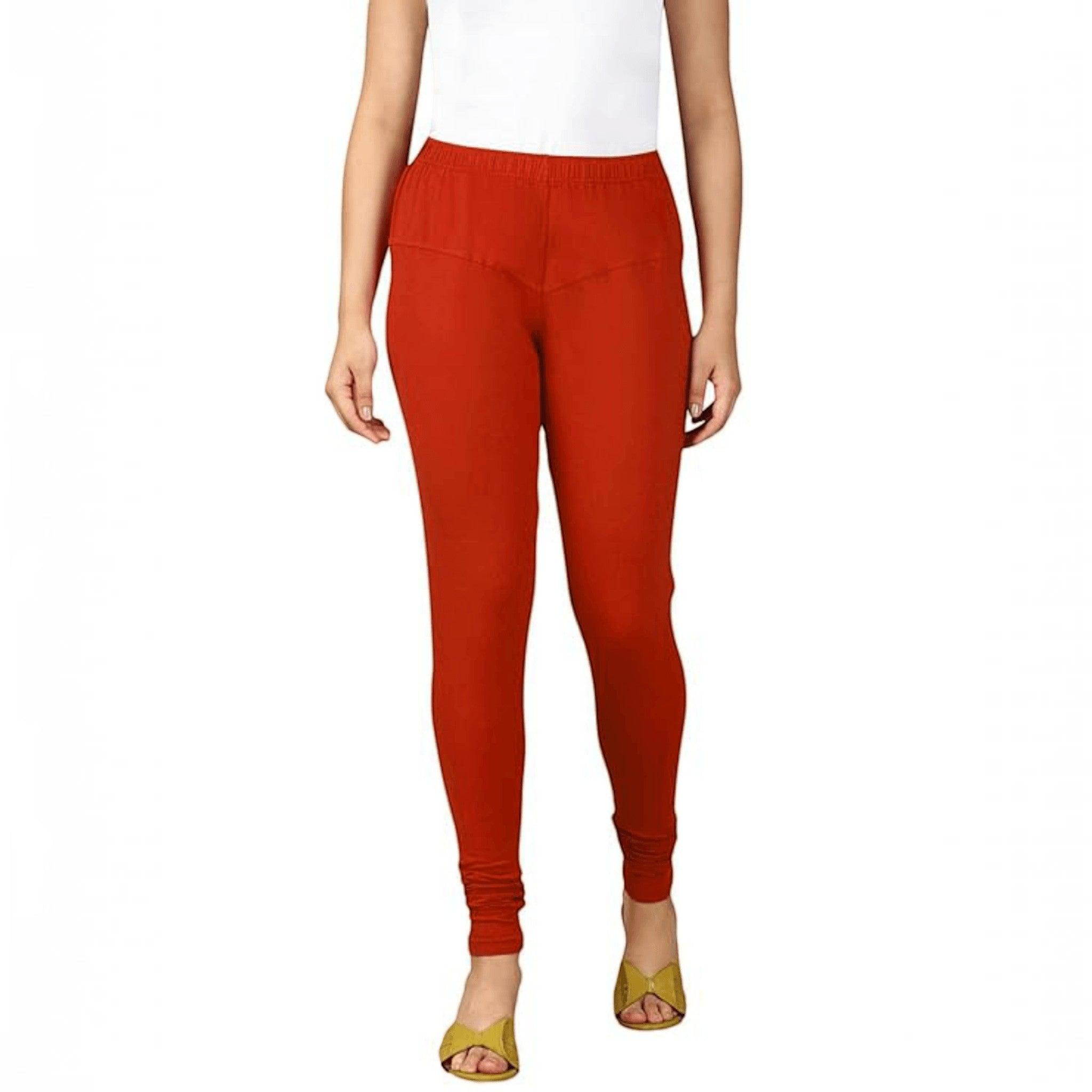 City Center women's solid red cotton lycra churidar leggings with a comfortable pull-on fit for casual wear.