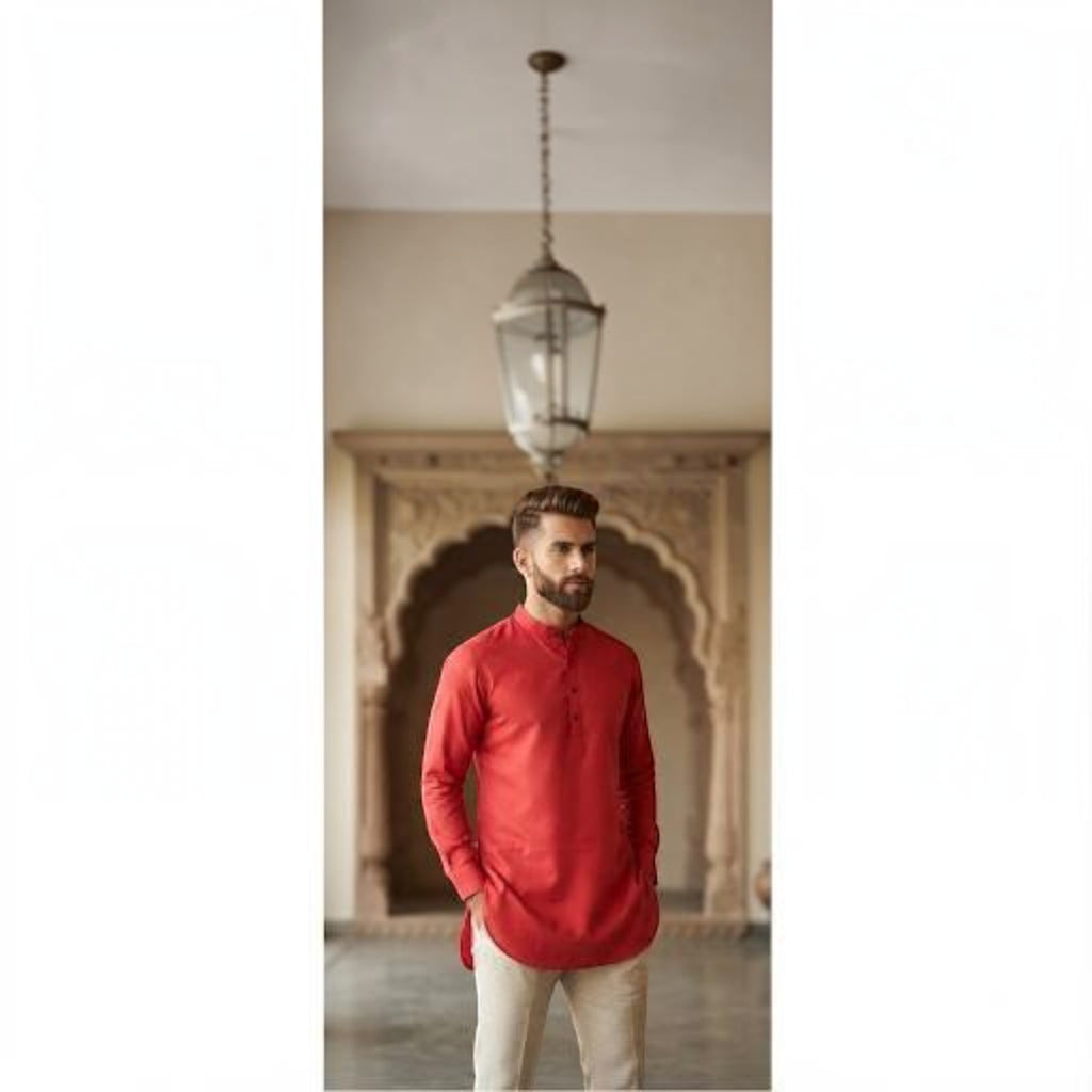 City Center red long-sleeve cotton kurta worn by a man with a beard, standing in a traditional architectural setting.