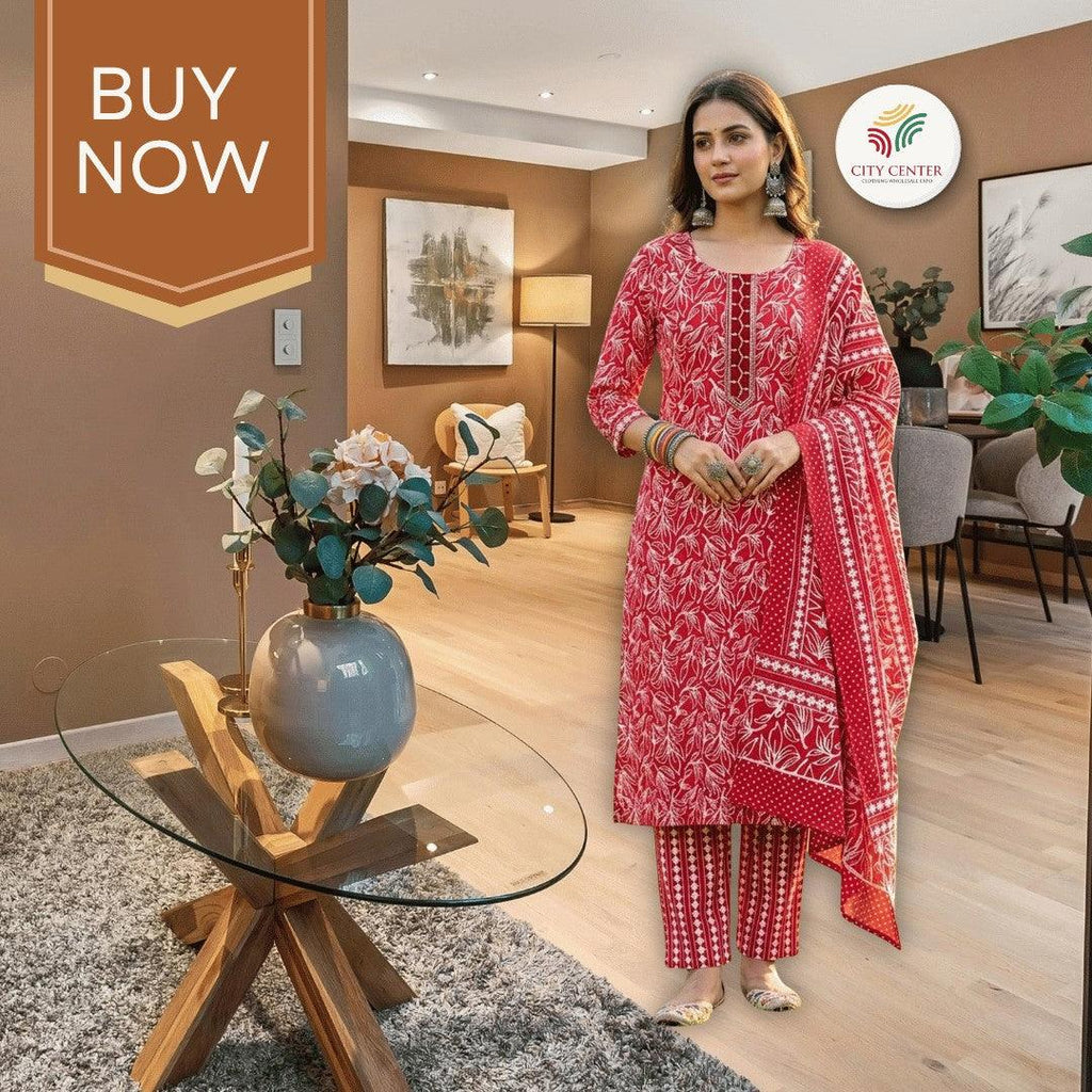 City Center red cotton kurti set with white Jaipuri print, featuring a matching dupatta and trousers on a model.