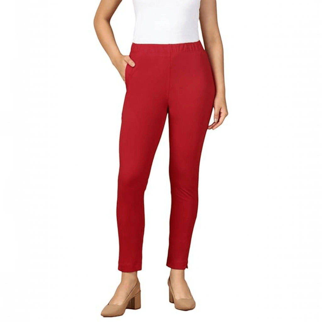 City Center PYNK by Lux Cozi red cotton lycra kurtipant with side pocket and elasticated waistband on a model