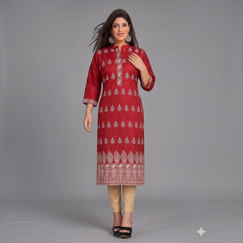 City Center red straight kurta tunic with white embroidery, mandarin collar, and three-quarter sleeves on a model.