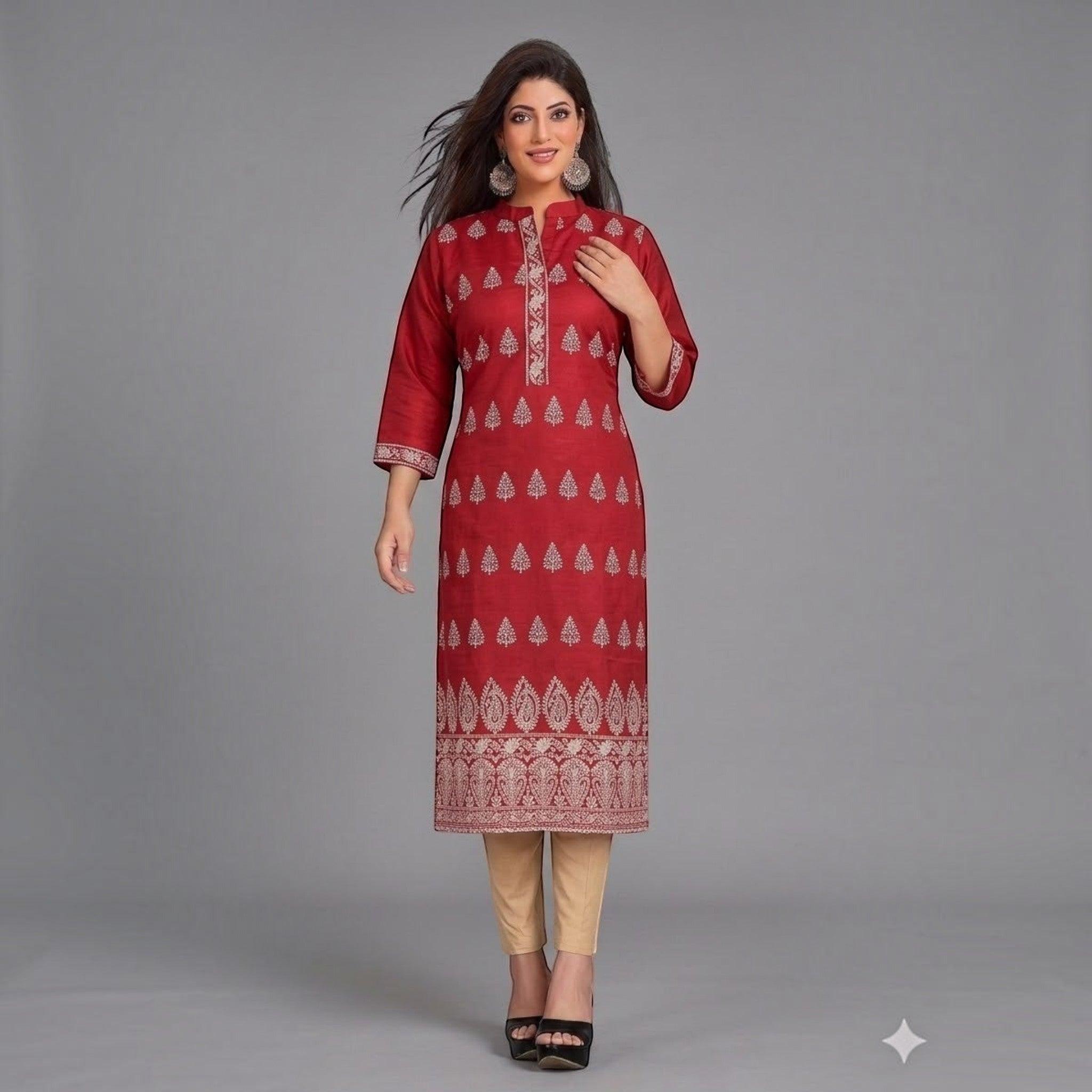 City Center red straight kurta tunic with white embroidery, mandarin collar, and three-quarter sleeves on a model.