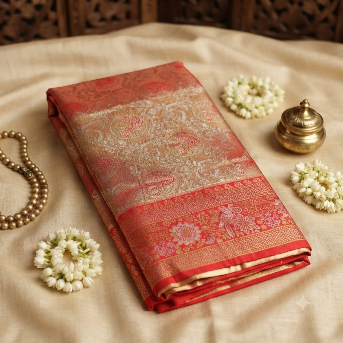 City Center premium red and gold Kanjivaram saree with intricate floral zari work, displayed on a beige fabric base.