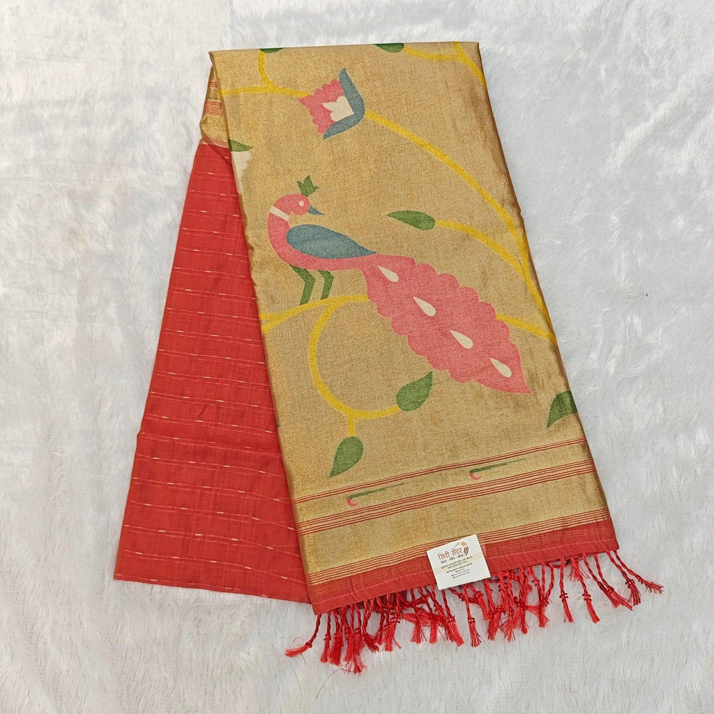 City Center pure silk Jamdani saree in red and gold with peacock motif and heavy zari work pallu.