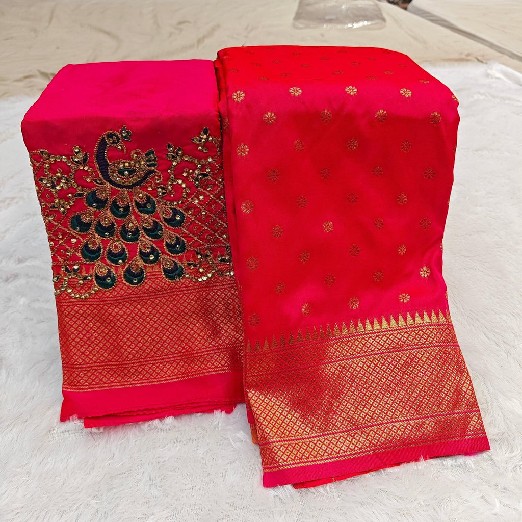 City Center premium red Kalanjali silk saree with gold woven border and matching blouse featuring peacock Aari embroidery
