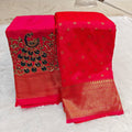 City Center premium red Kalanjali silk saree with gold woven border and matching blouse featuring peacock Aari embroidery
