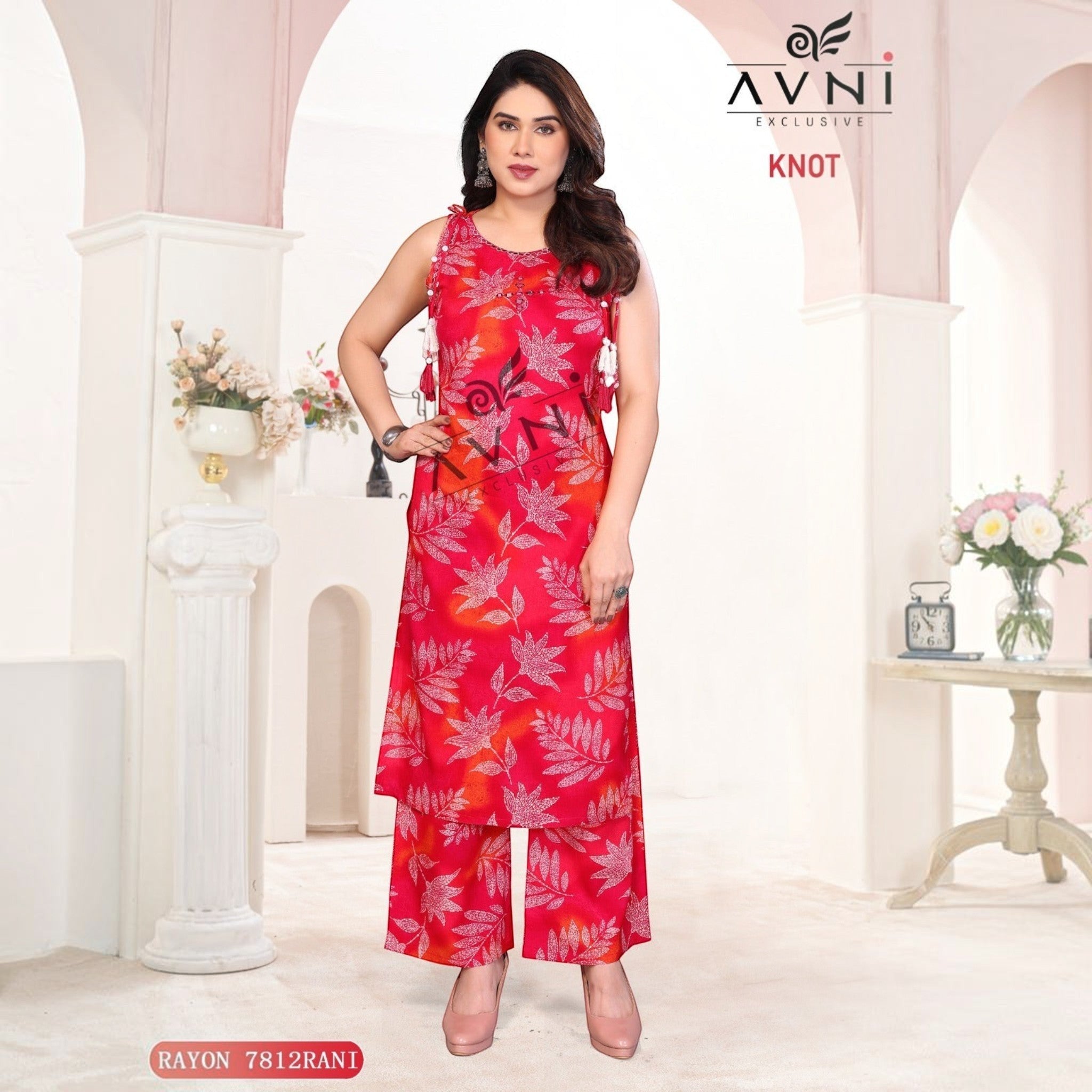 City Center Avni Collection red sleeveless kurta and wide-leg trousers co-ord set with white leaf and node print
