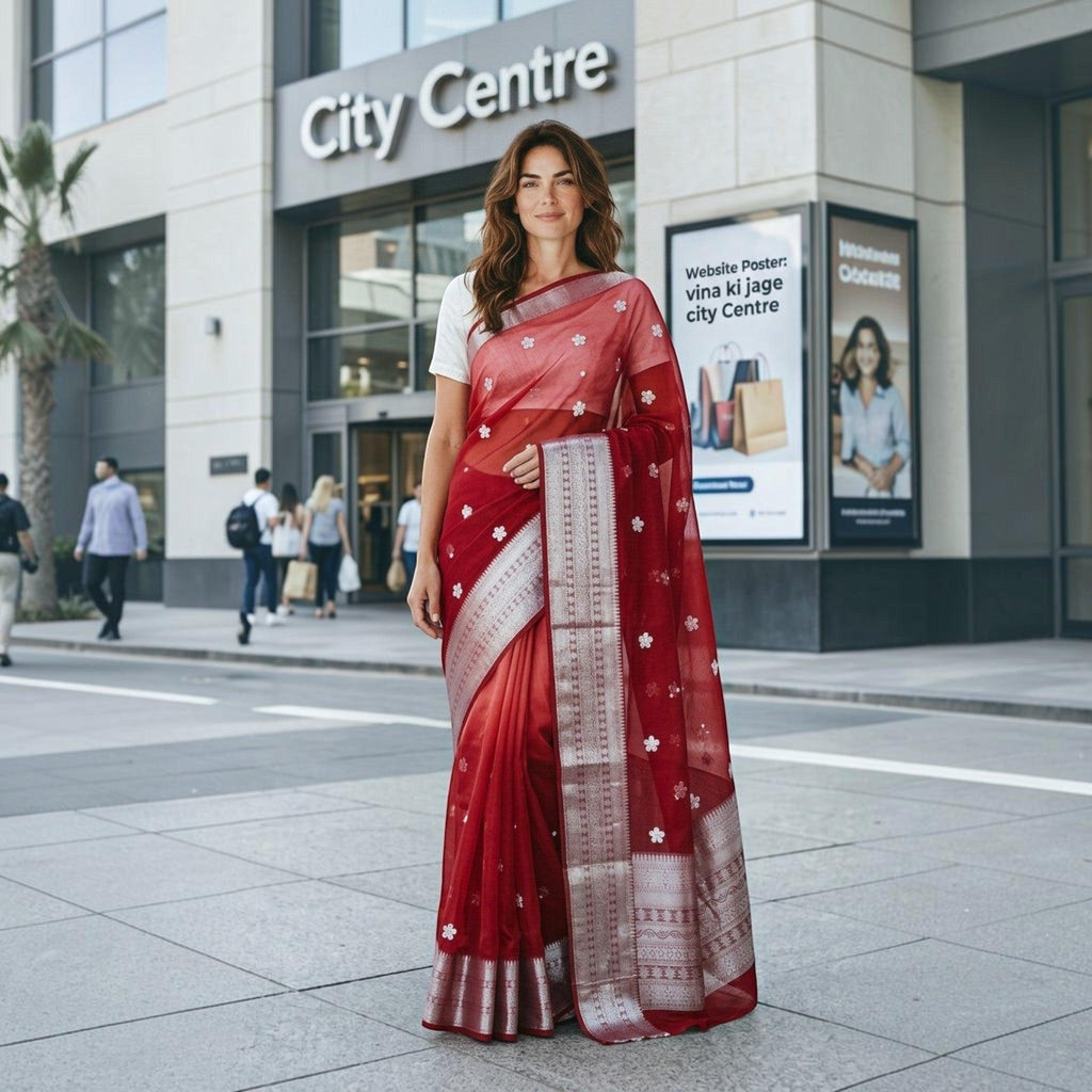 City Center organza saree in deep red with silver zari border and white floral embroidery worn by a woman outdoors