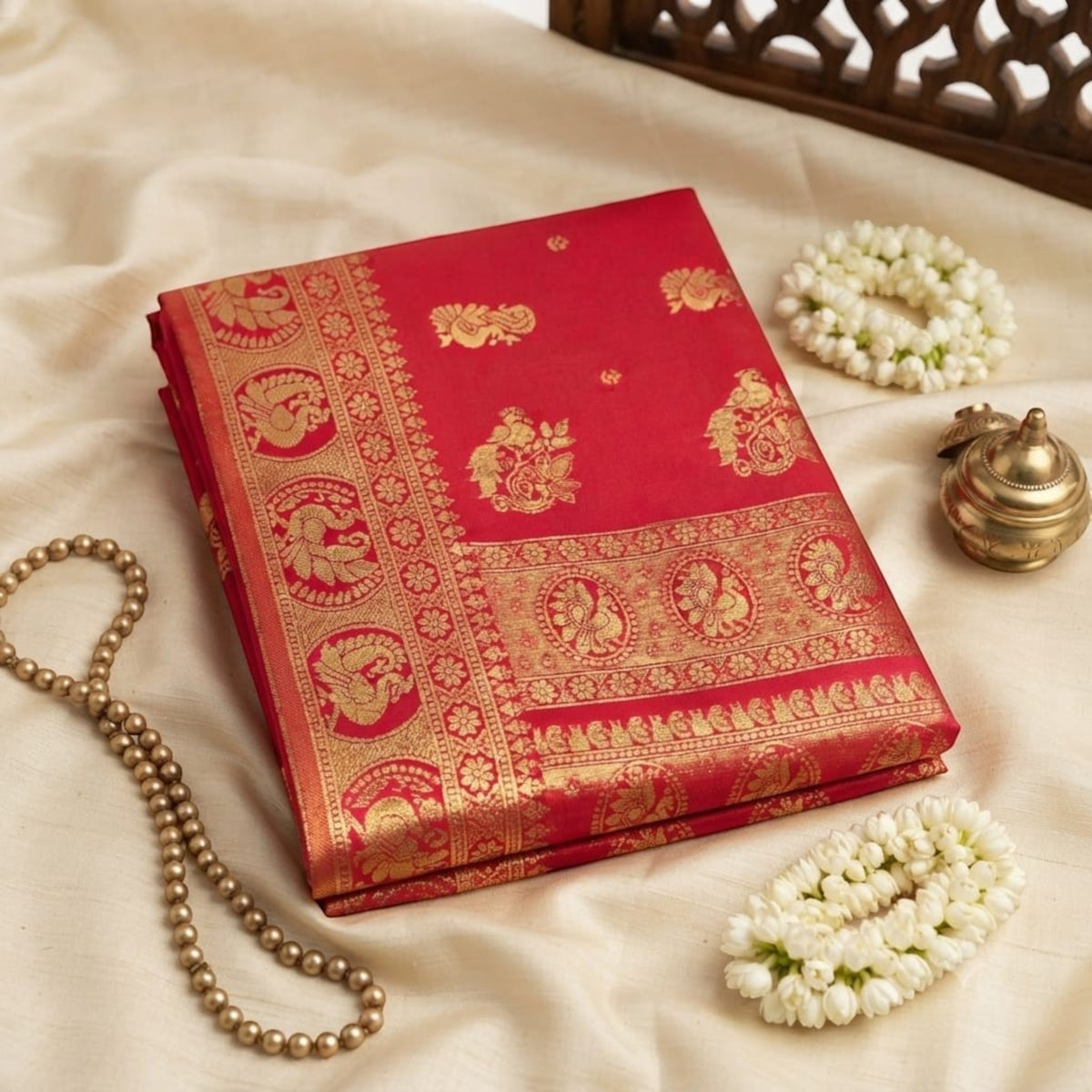 City Center red Paithani saree with intricate gold zari peacock motifs and traditional border on cream fabric