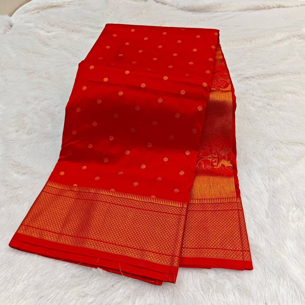 City Center red pure Kalanjali Paithani silk saree with intricate gold zari peacock border and small floral motifs