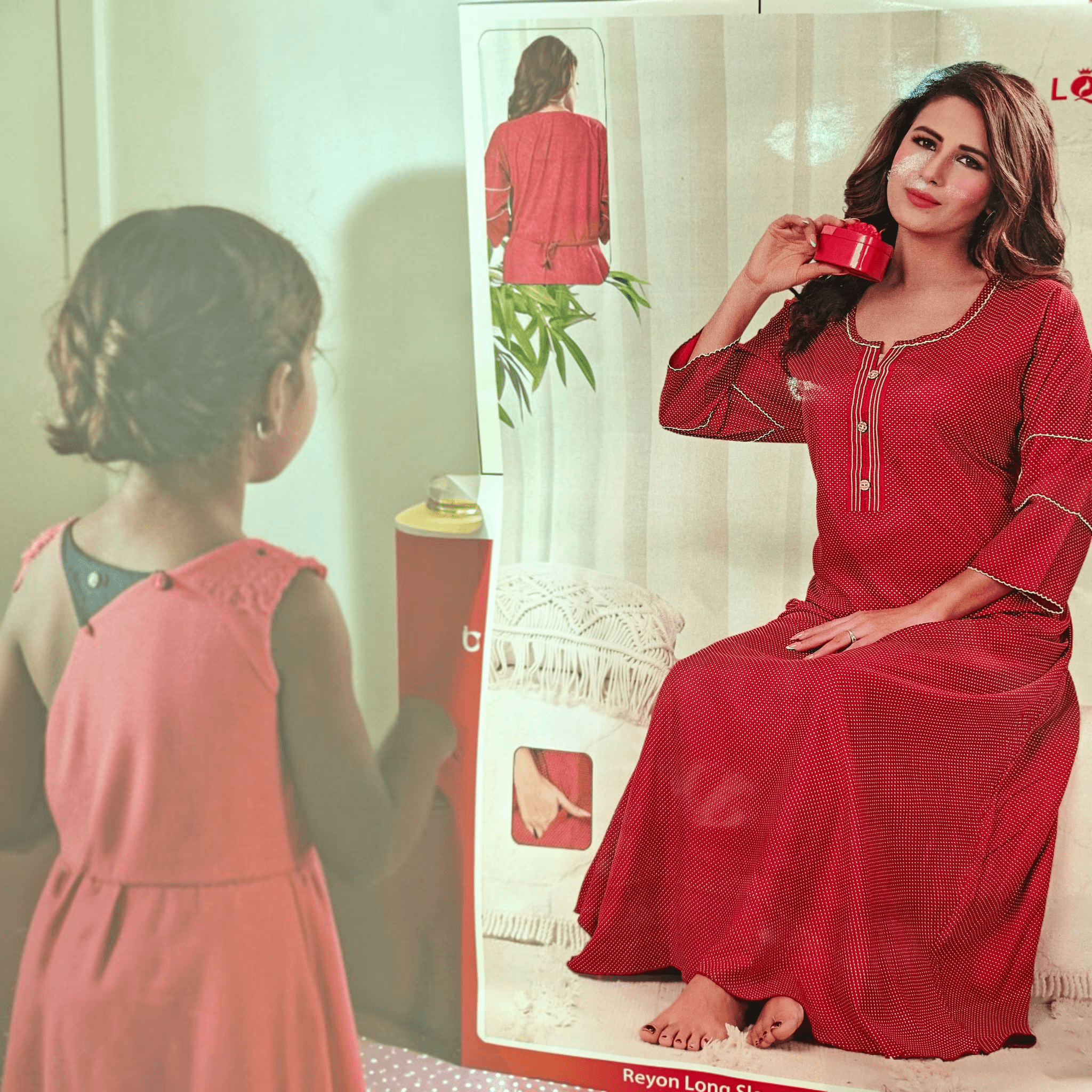 City Center heavy rayon A-line gown in red with white polka dots, featuring three-quarter sleeves and button detail.