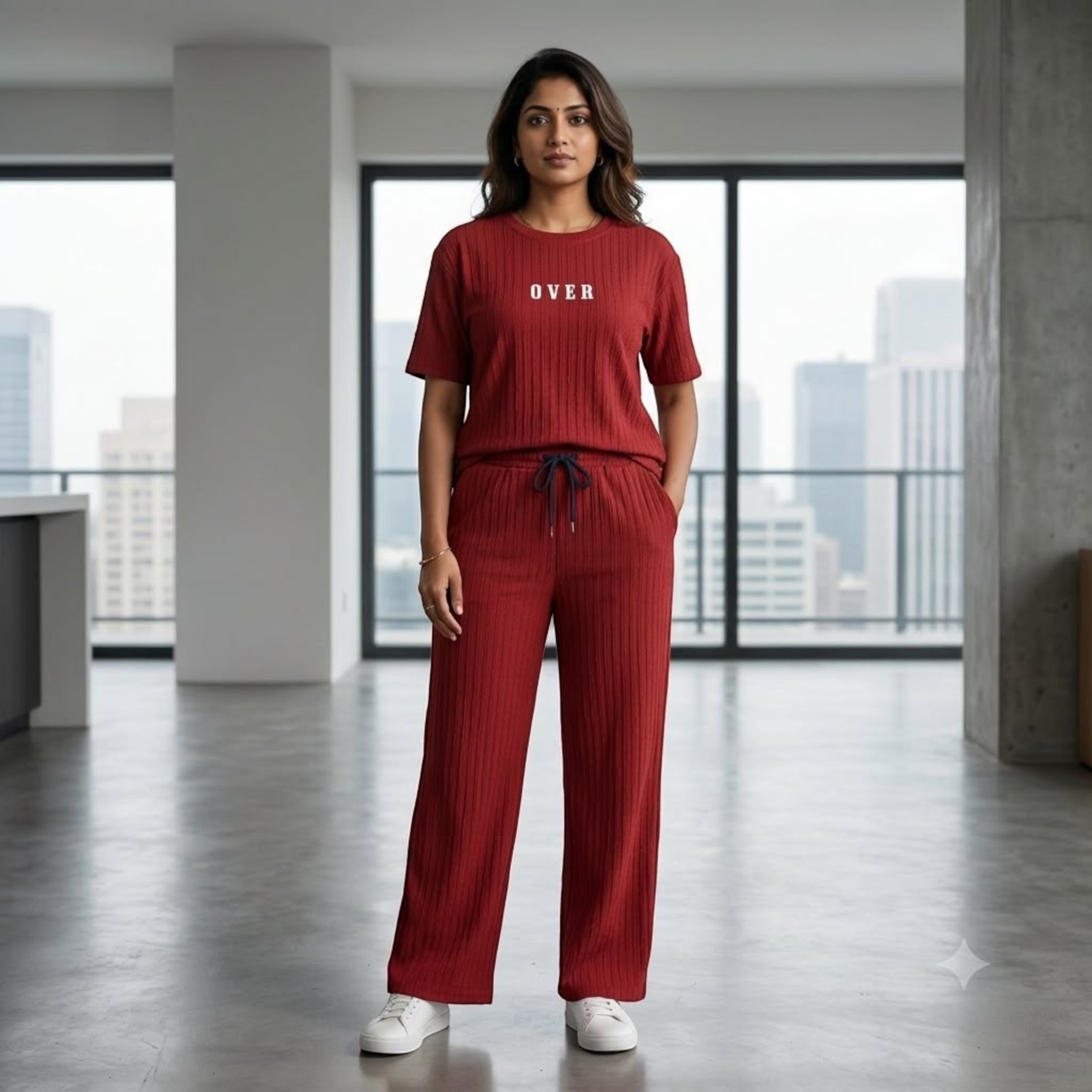 City Center Korean Airport cord set in deep red featuring a ribbed short-sleeve top and wide-leg trousers.