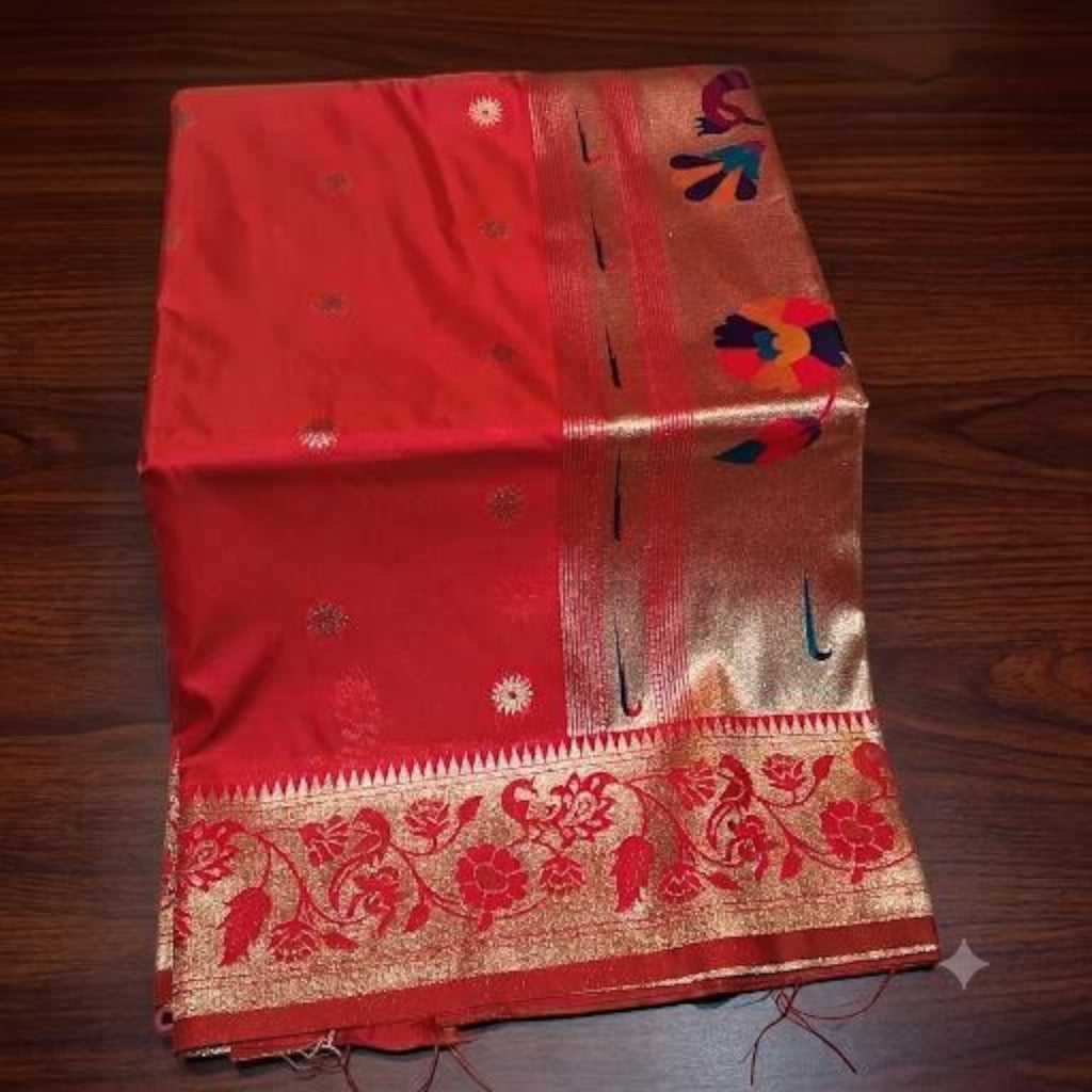 City Center red pure silk Muniya Paithani saree with gold zari border and vibrant parrot motifs on the pallu