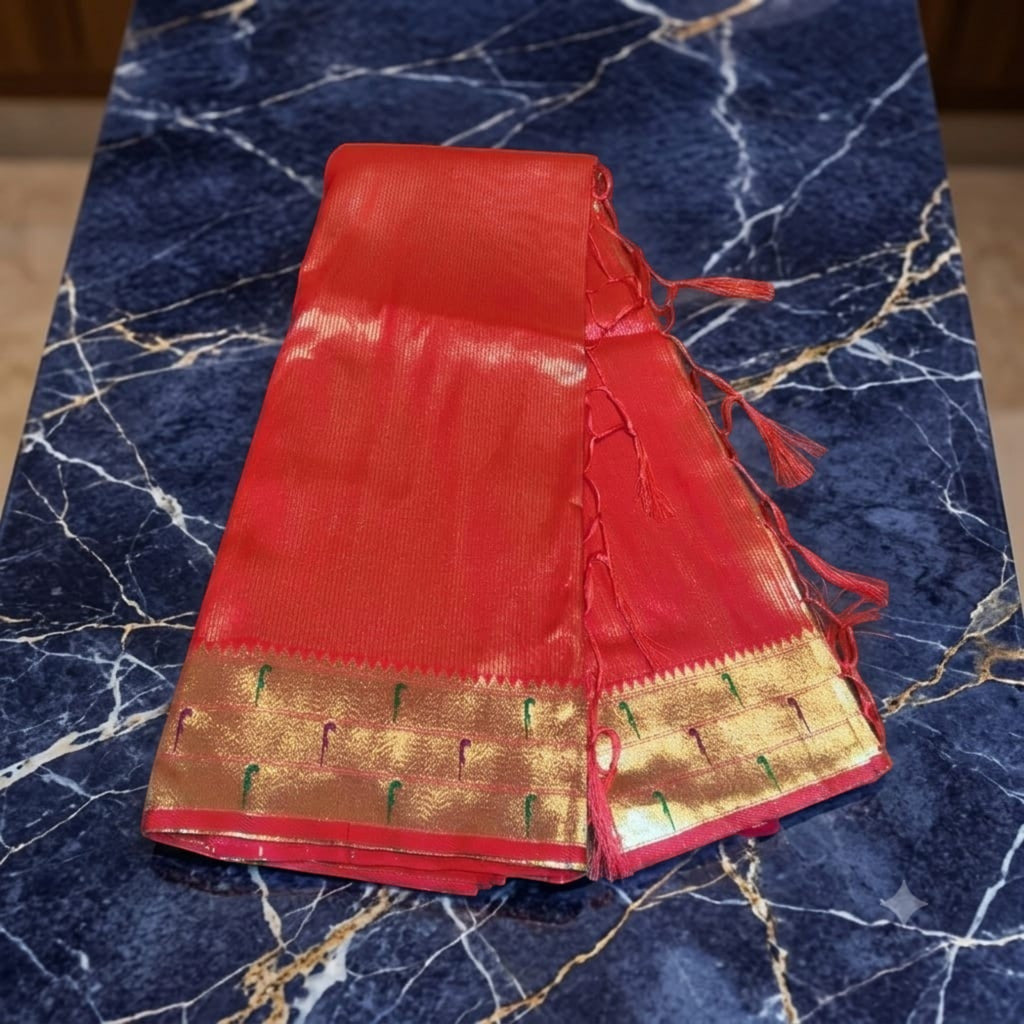 City Center red silk Muniya Paithani saree featuring gold zari borders and traditional green parrot motifs