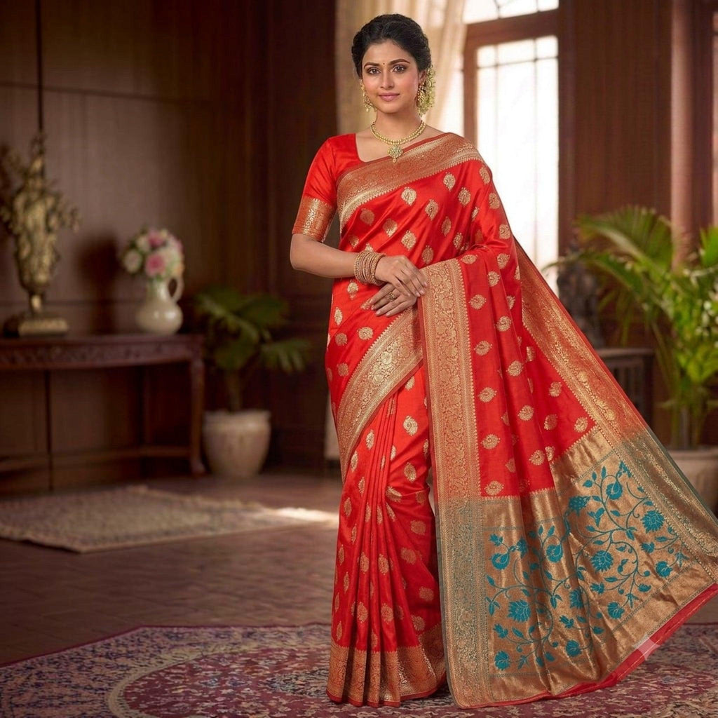 City Center red silk saree with intricate gold zari weaving and teal floral pallu worn by a woman in a formal setting