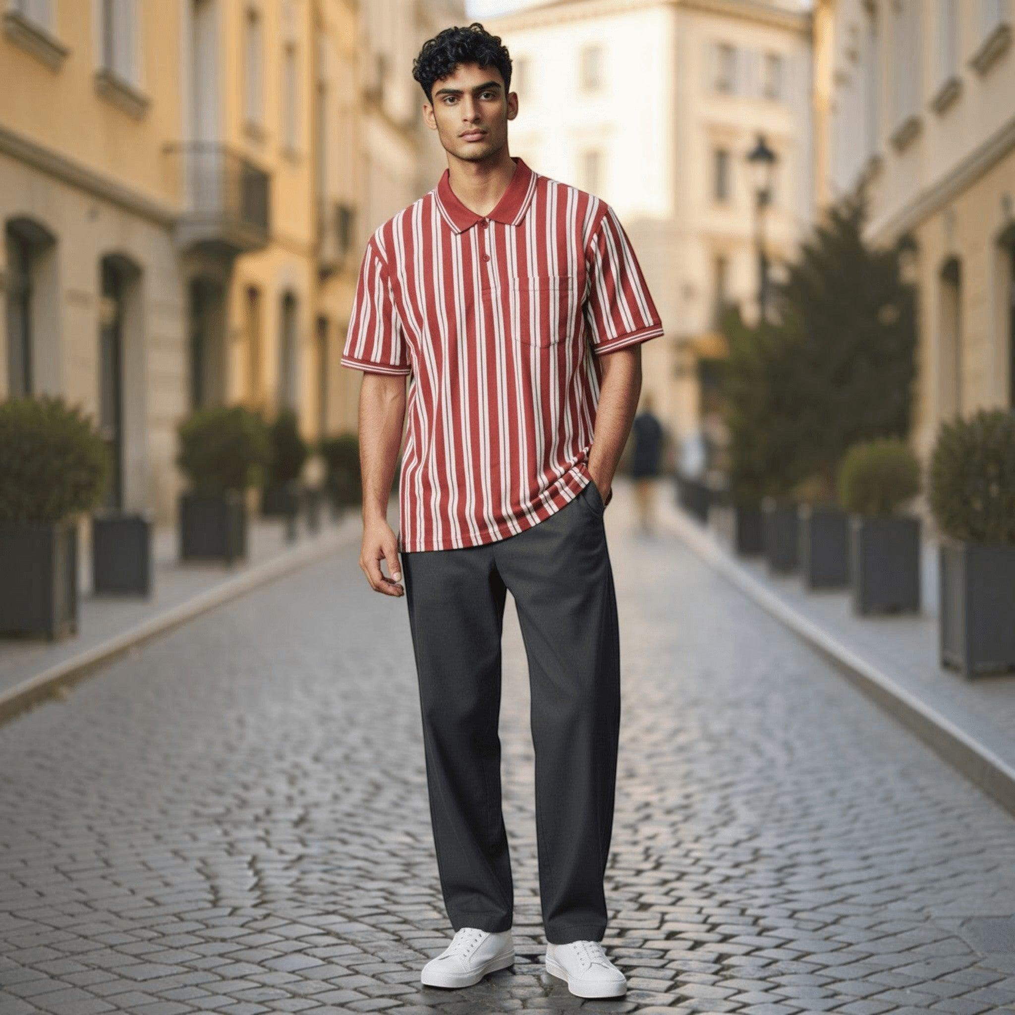 City Center M-Line polo shirt with red and white vertical stripes, worn by a man on a cobblestone street.