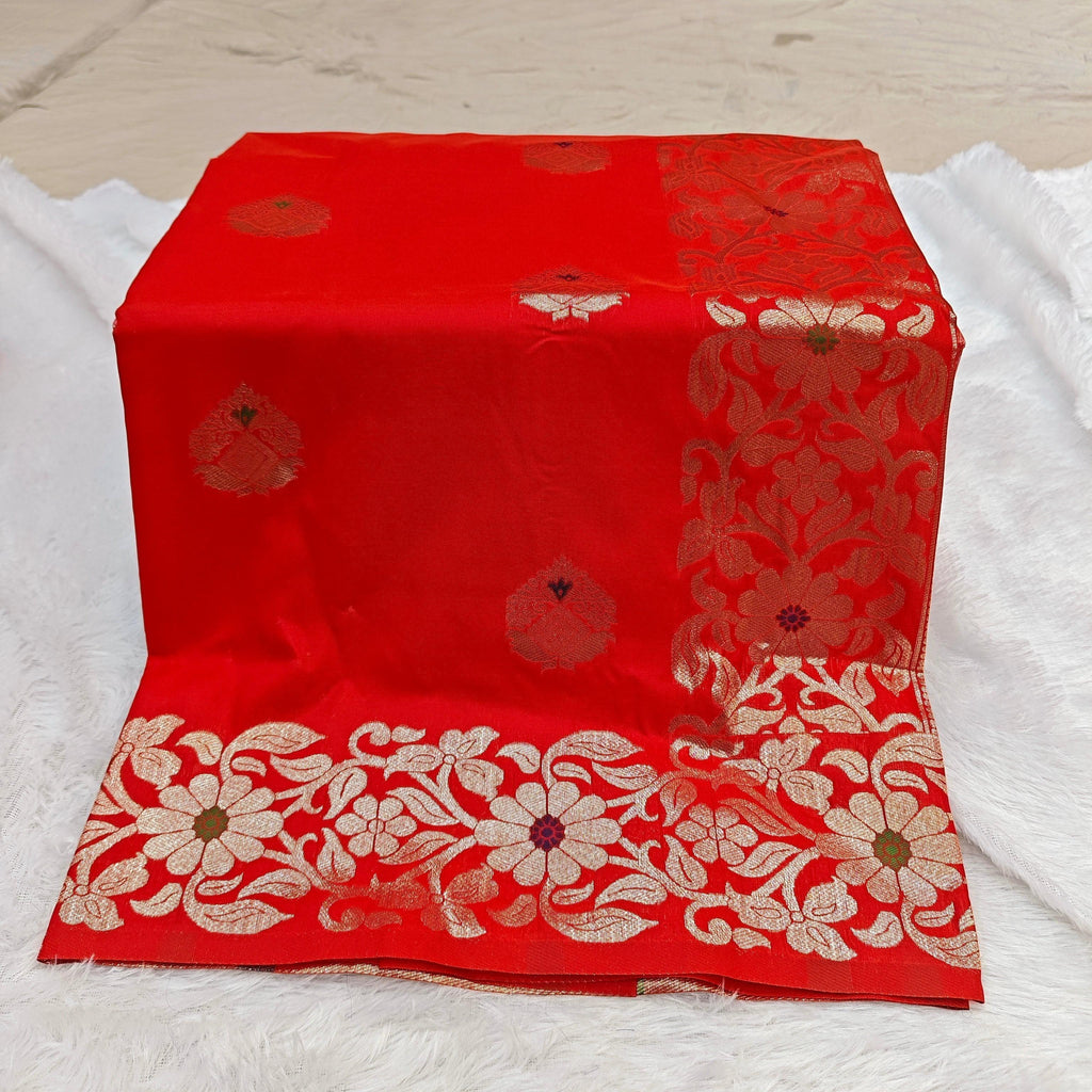 City Center red silk blend Takshashila saree with intricate gold zari and multi-color floral mina weaving