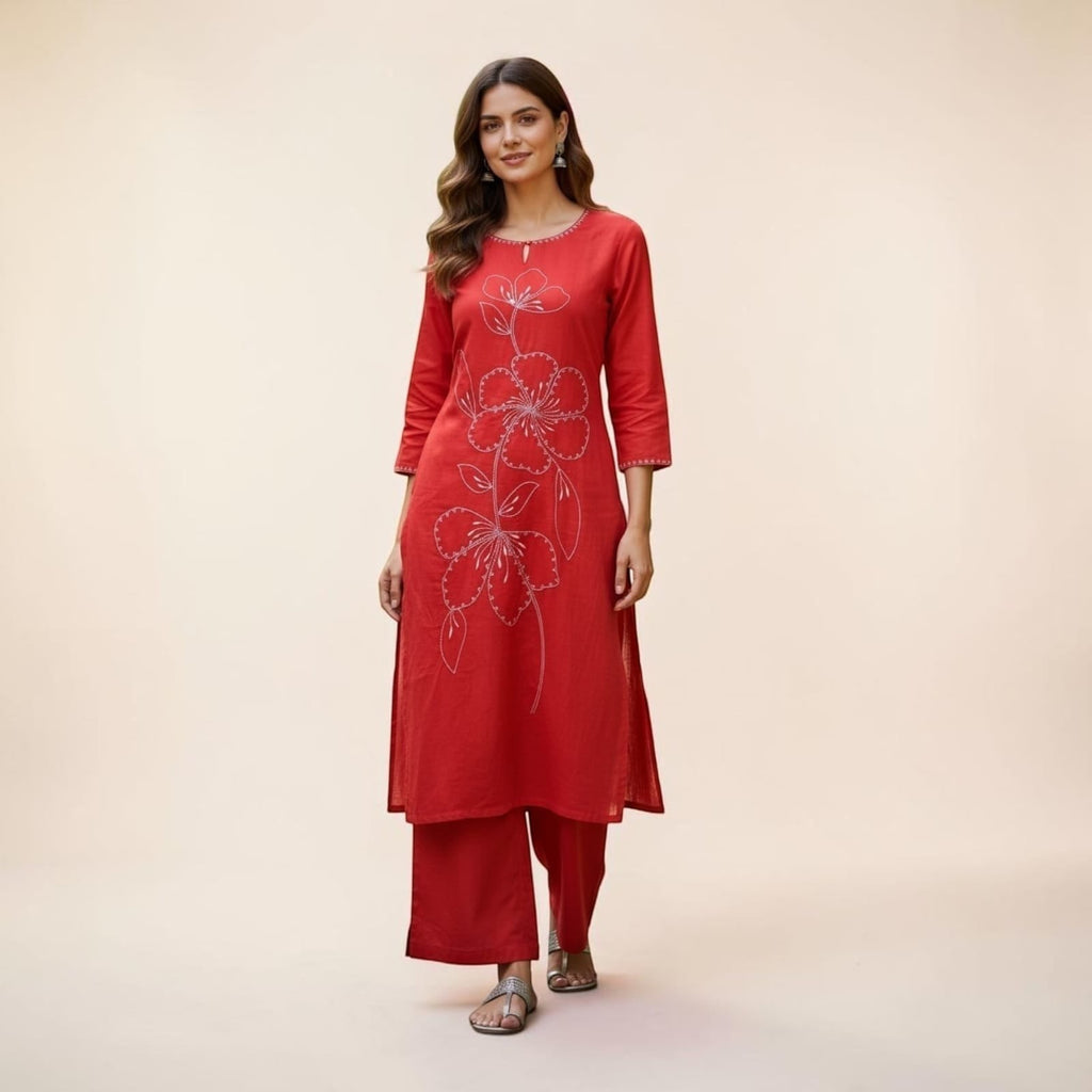City Center red Vatican fabric cord set with white floral embroidery, featuring a kurti and matching wide-leg pants.