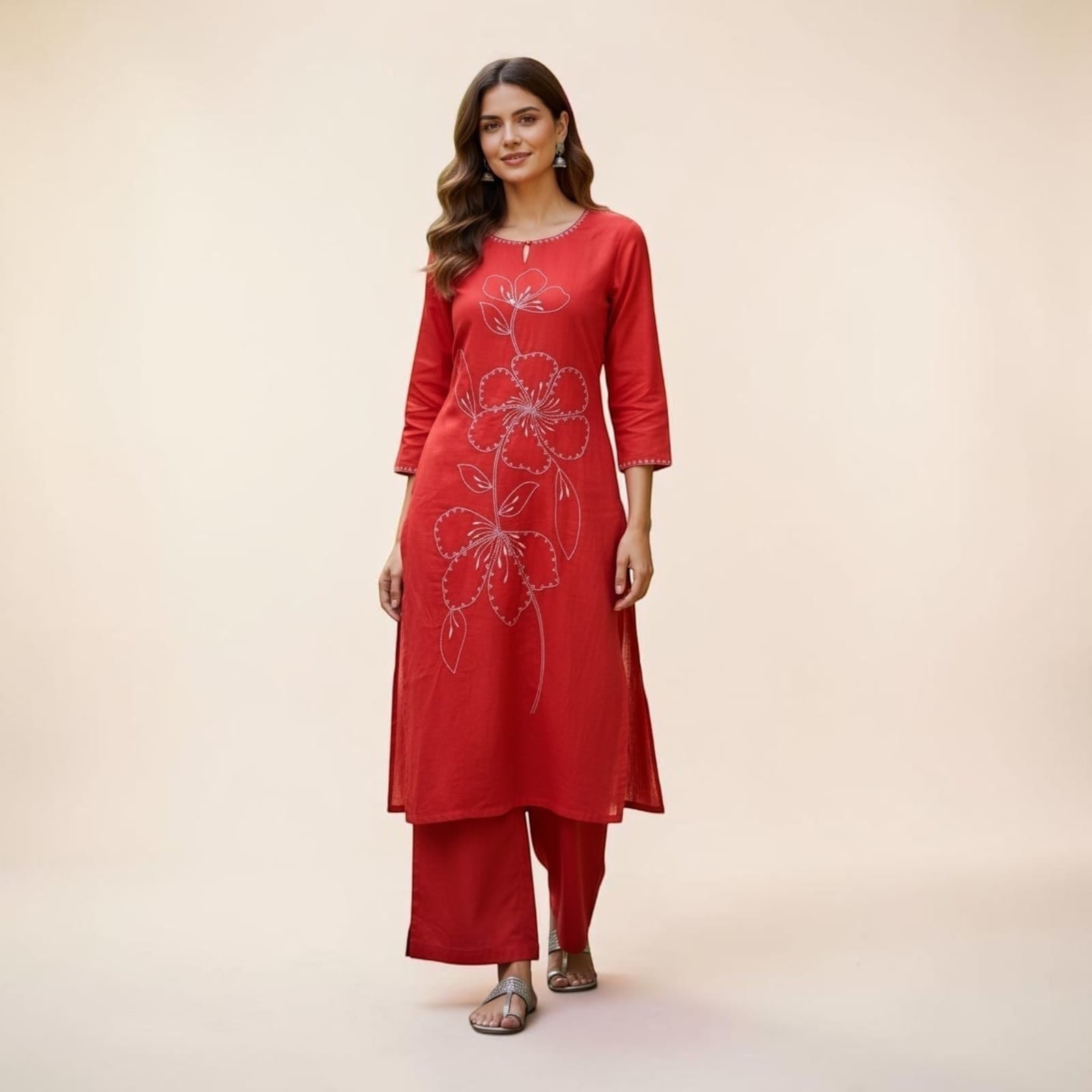 City Center red Vatican fabric cord set with white floral embroidery, featuring a kurti and matching wide-leg pants.