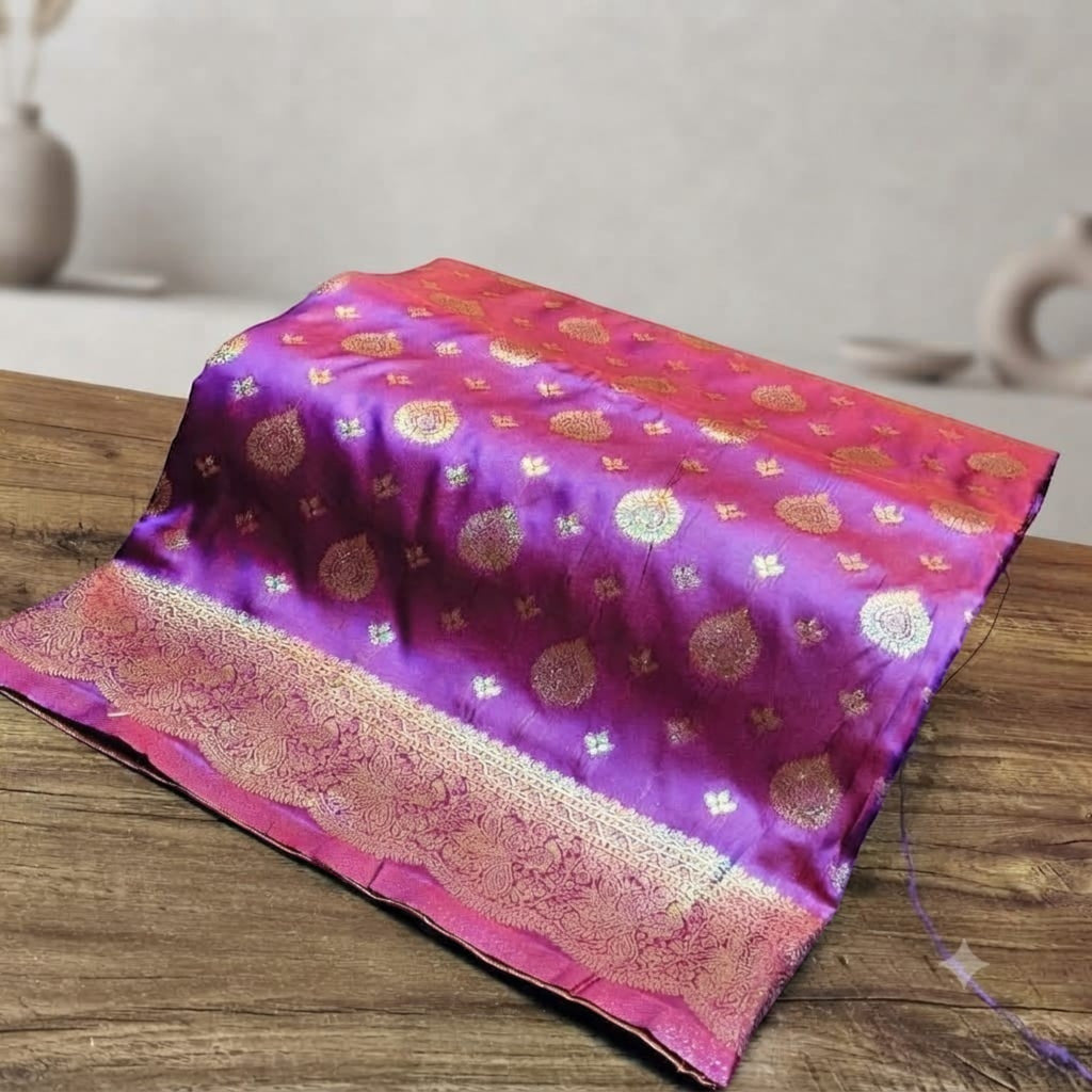 City Center Rekha Kathpadar saree in vibrant purple and pink with intricate gold zari woven motifs and border