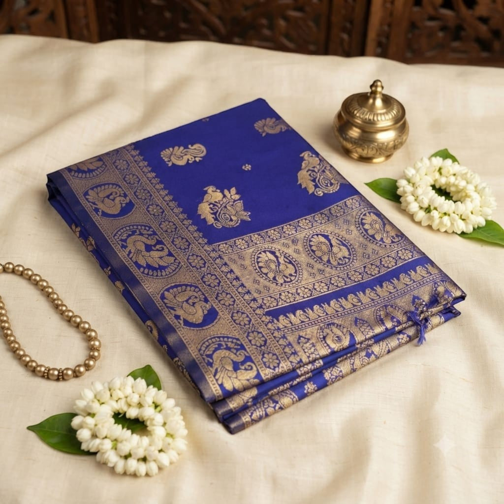 City Center Mayurakshi Paithani saree in royal blue with intricate gold zari peacock motifs and traditional border