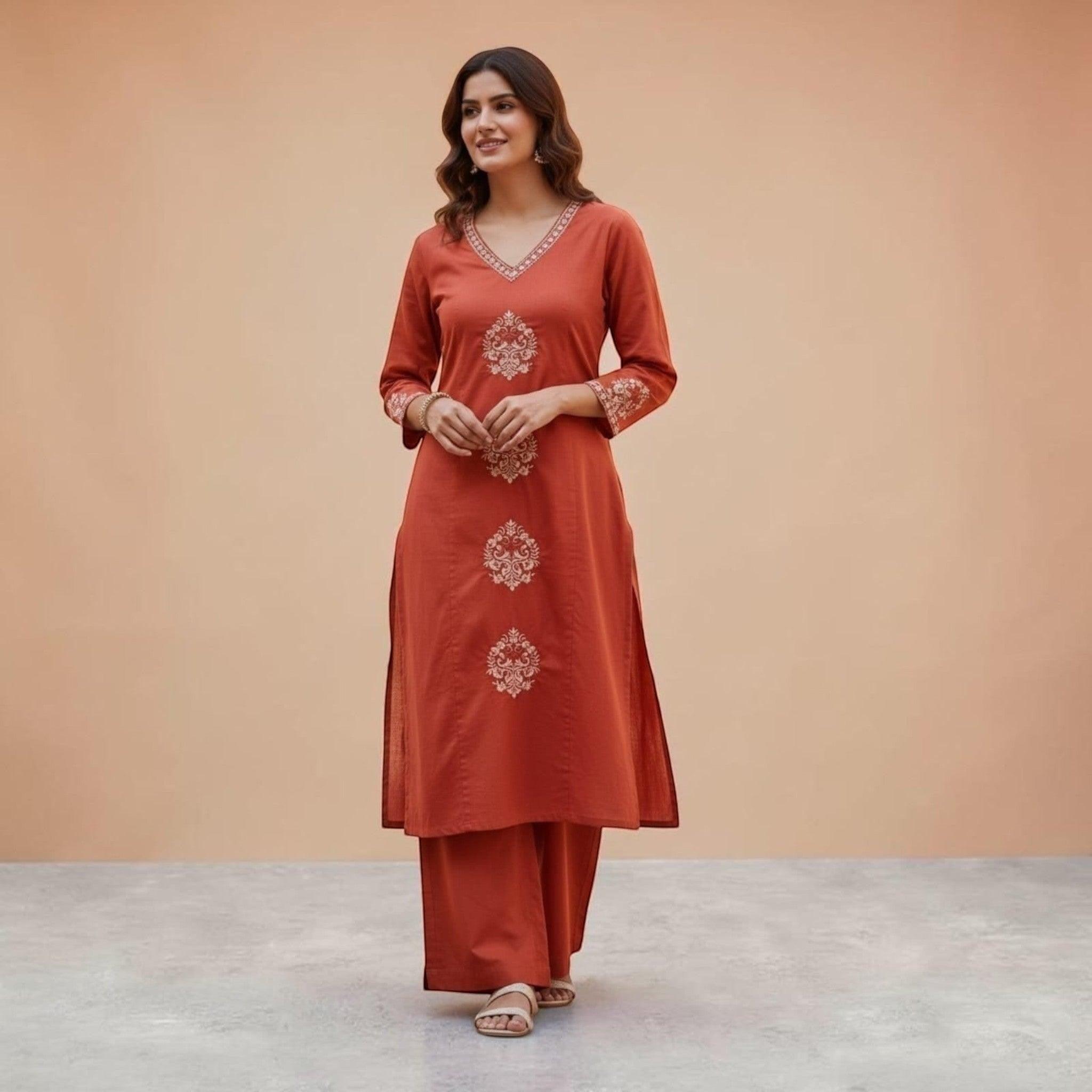 City Center rust-colored pure cotton co-ord set featuring traditional Dabu print and delicate white embroidery details.