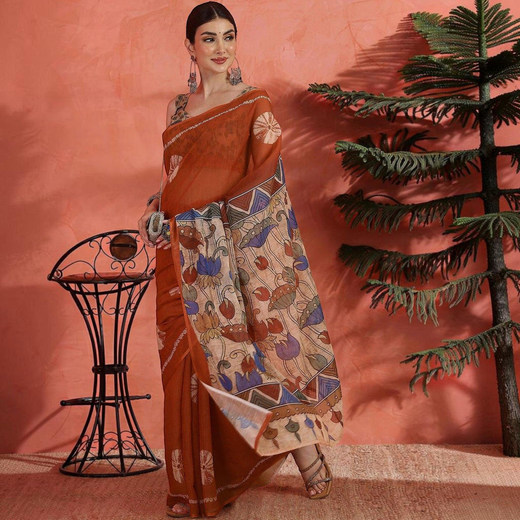 City Center premium cotton saree in rust orange with traditional floral block print border and matching blouse piece.