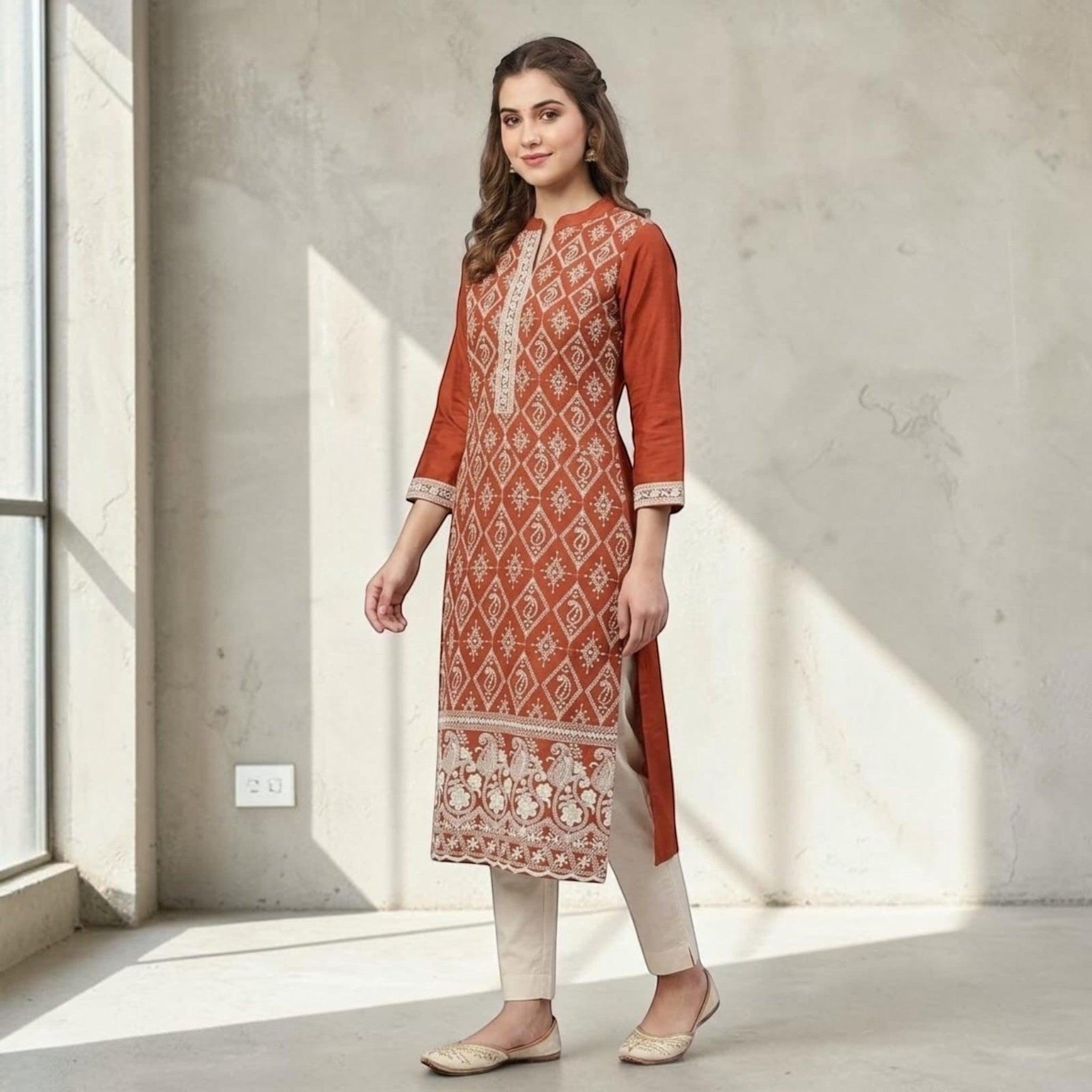 City Center rust orange straight kurta with white geometric embroidery, mandarin collar, and three-quarter sleeves.