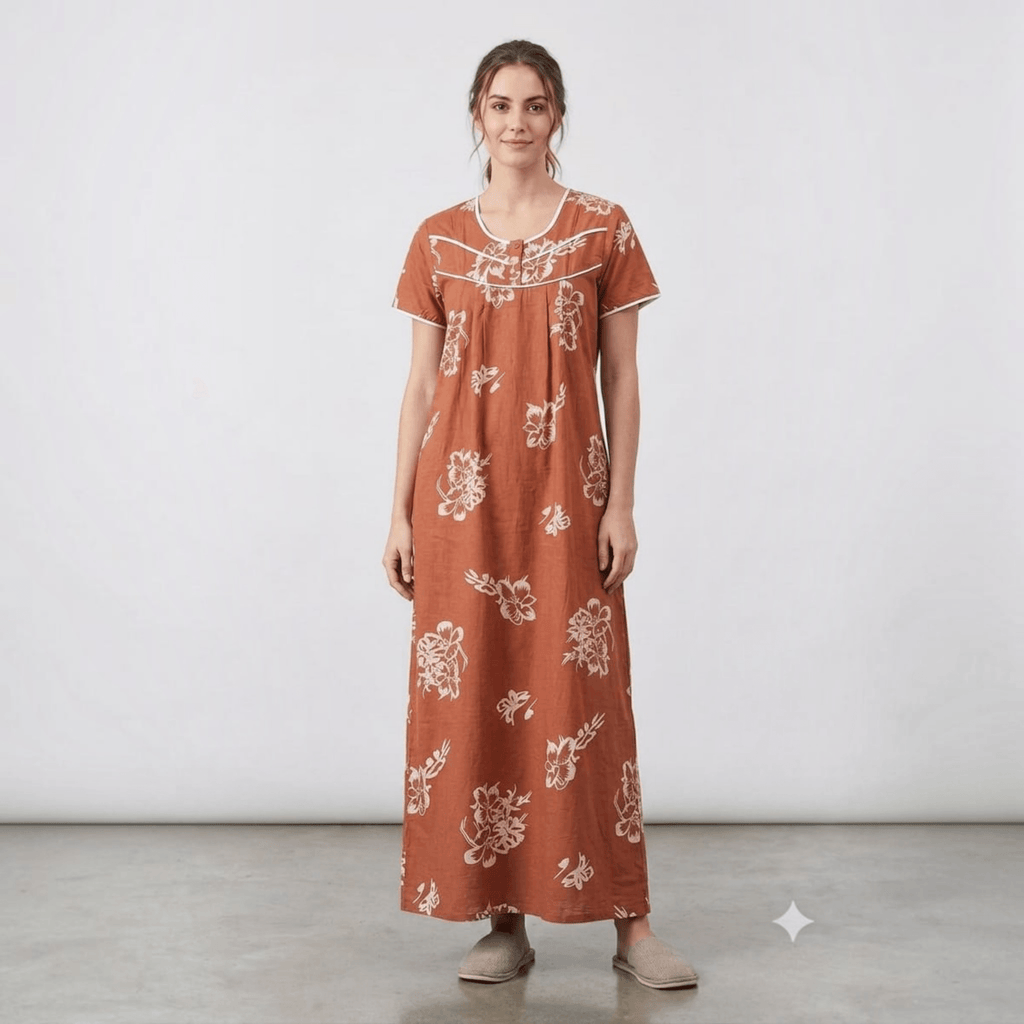 City Center women's rust-coloured floral feeding gown in soft alpine fabric with front pleats and white embroidery.