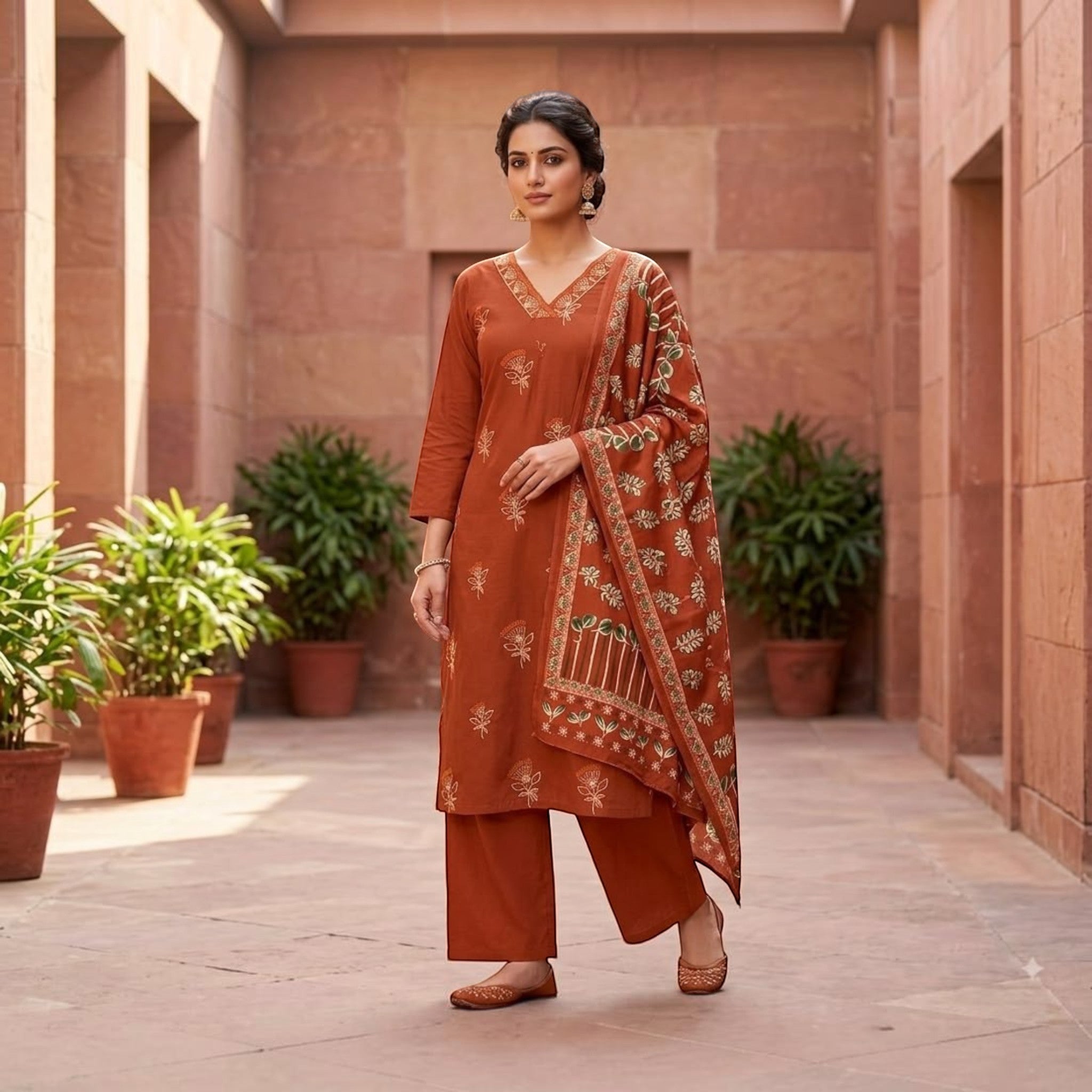 City Center rust orange 3 piece churidar set with embroidered kurta, wide-leg trousers, and matching floral dupatta