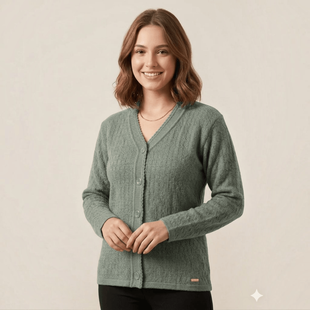 City Center sage green lightweight V-neck button-down cardigan sweater worn by a smiling woman