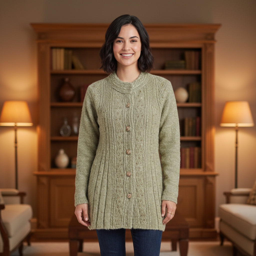 City Center sage green cable knit button-up cardigan sweater worn by a smiling woman with dark hair.