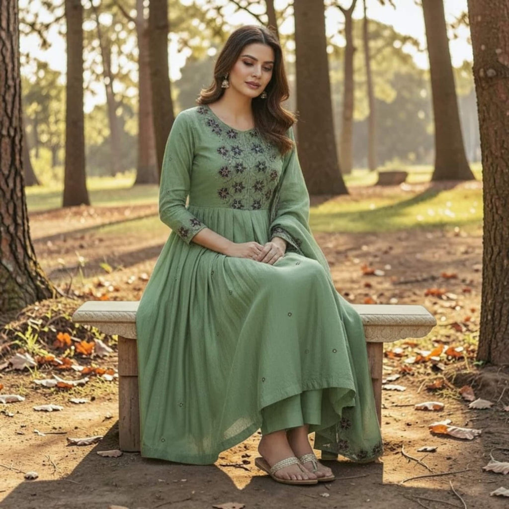 City Center sage green denim kurti with floral embroidery, three-quarter sleeves, and pockets worn by a seated model.
