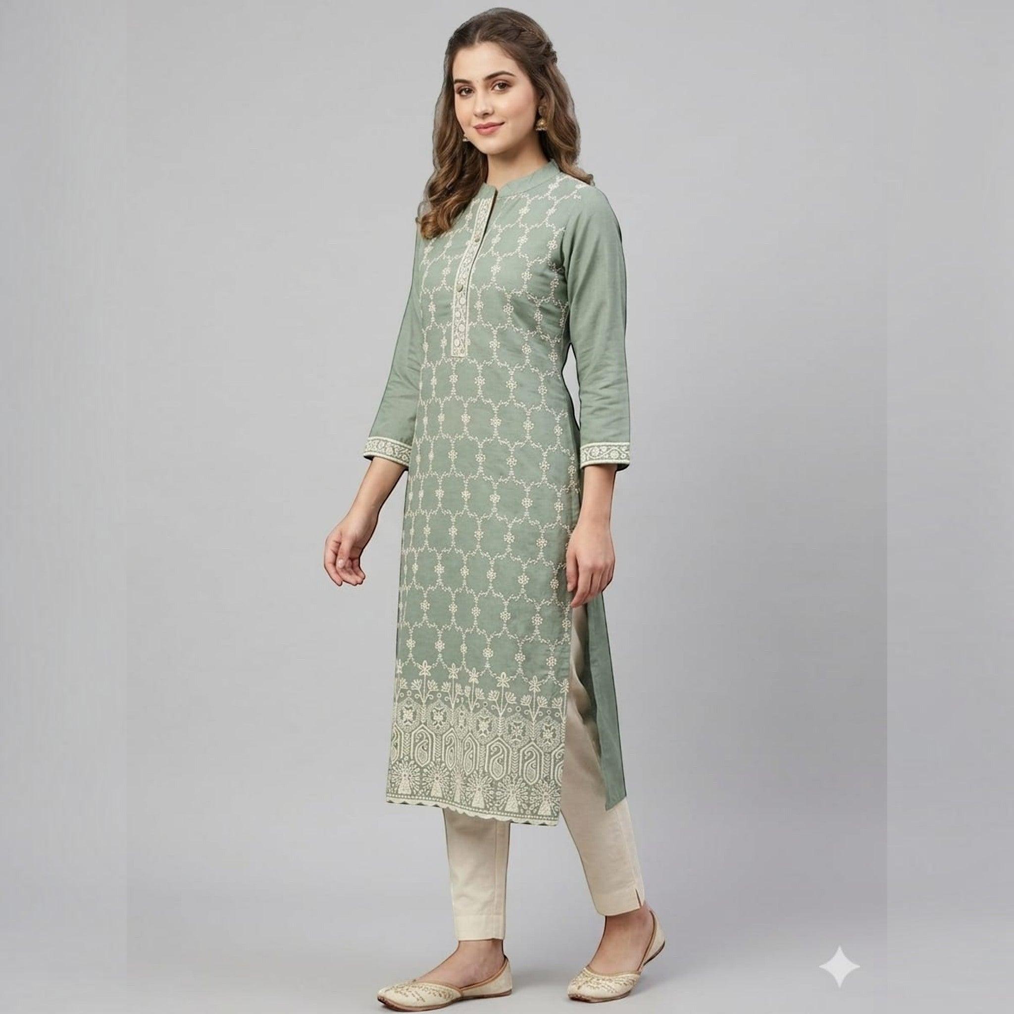 City Center sage green straight kurta with white floral embroidery, mandarin collar, and three-quarter sleeves.