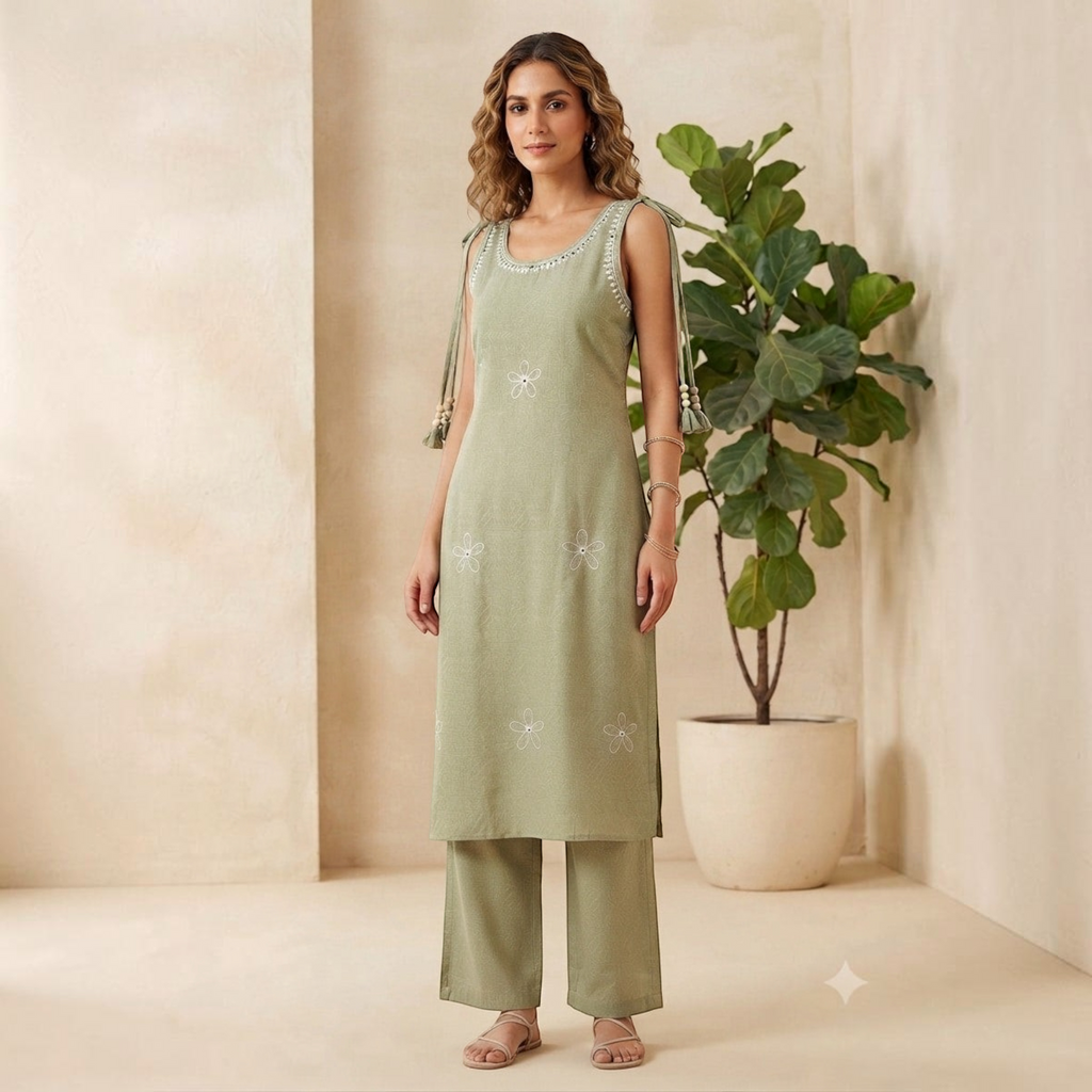 City Center sage green co-ord set featuring a sleeveless tunic with floral embroidery and matching wide-leg trousers.
