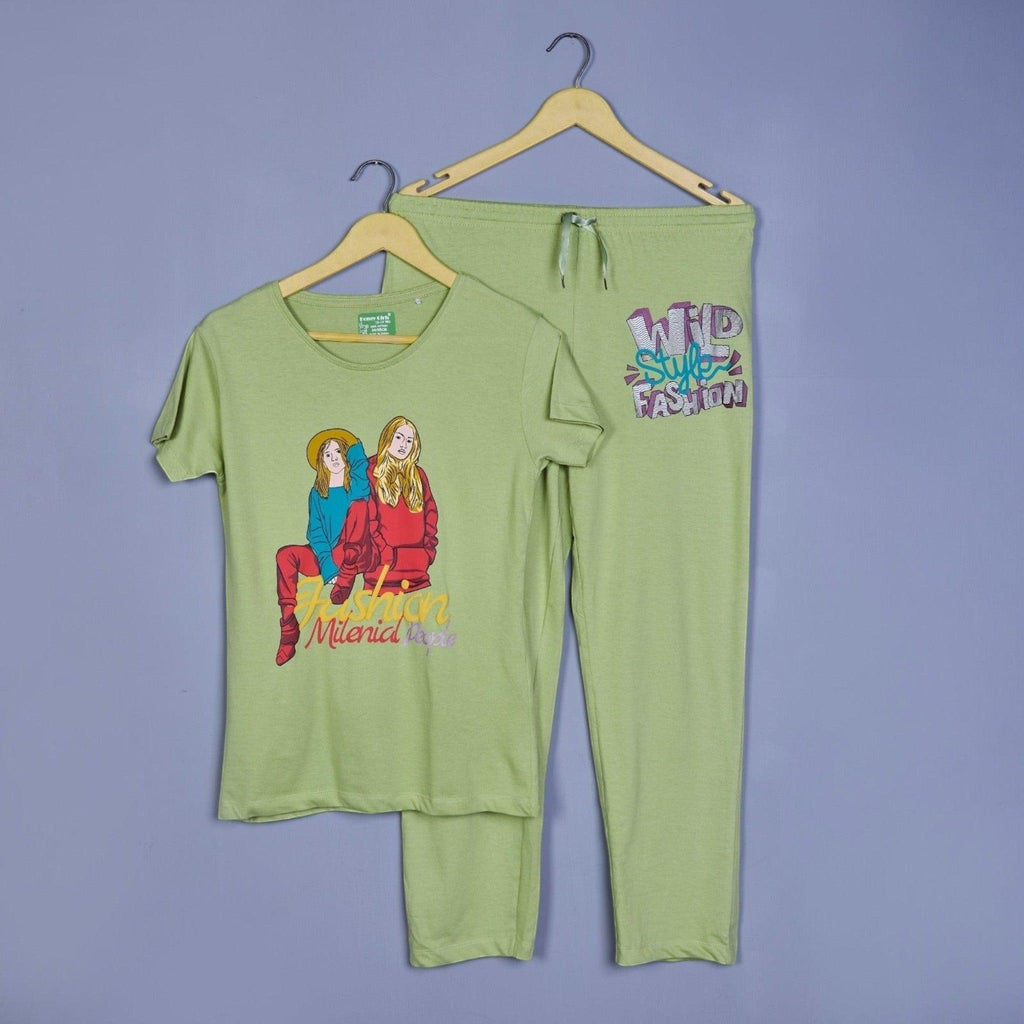 City Center Honey Girls sage green cord set with graphic print t-shirt and matching lounge pants on hangers.
