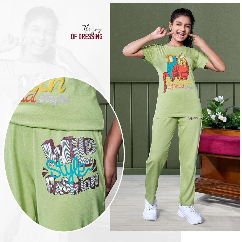 City Center Honey Girls sage green cord set with graphic print t-shirt and matching lounge pants for young girls