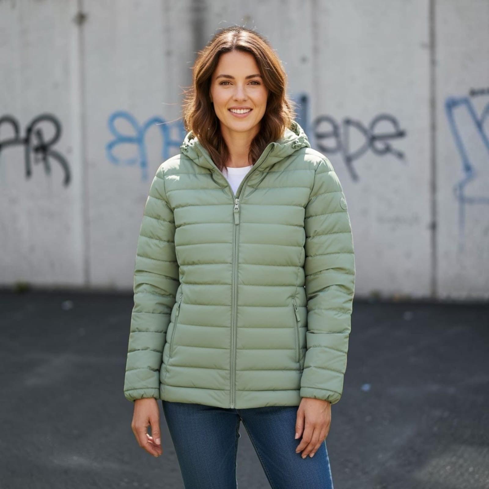 City Center sage green hooded bomber jacket with quilted feather touch fabric worn by a smiling woman outdoors